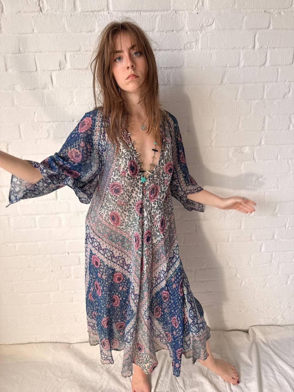 1970s Adini Floral Gauze Gold Lurex Caftan