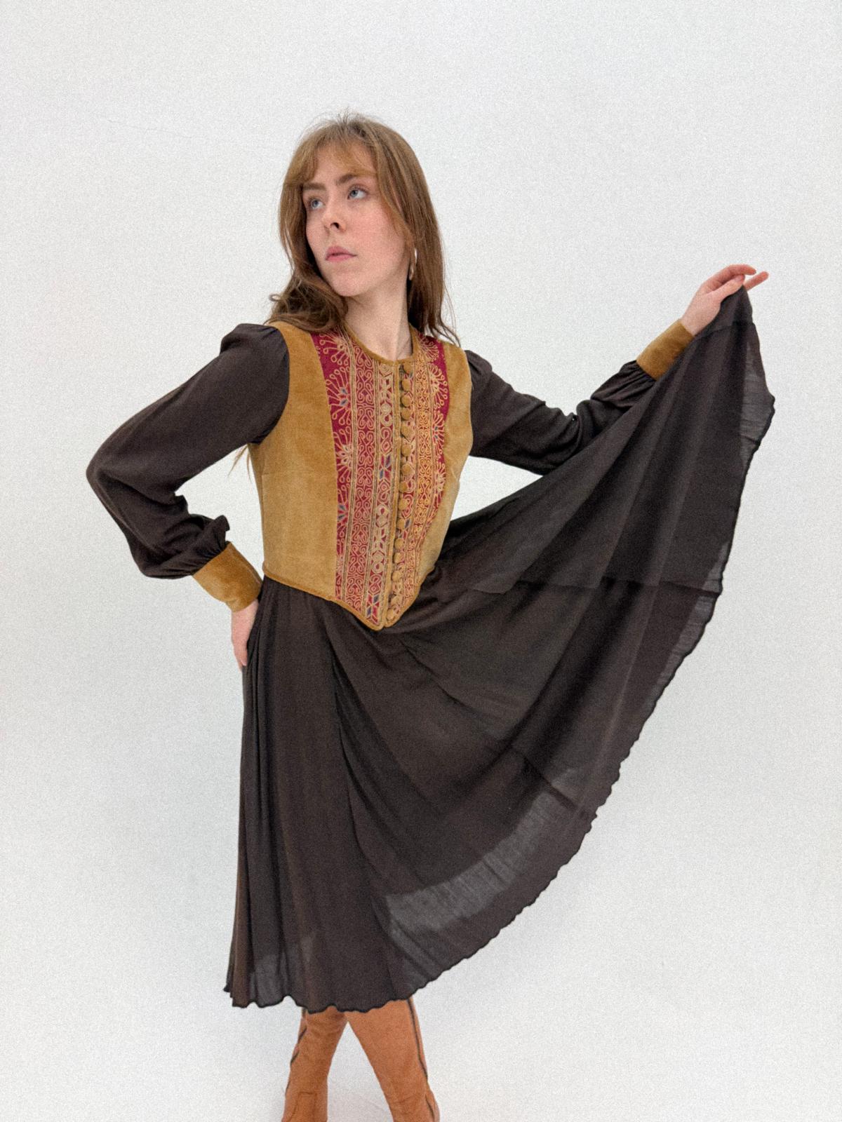 1960s–1970s Bohemian Folkloric Dress with Afghan-Inspired Embroidered Velvet Bodice