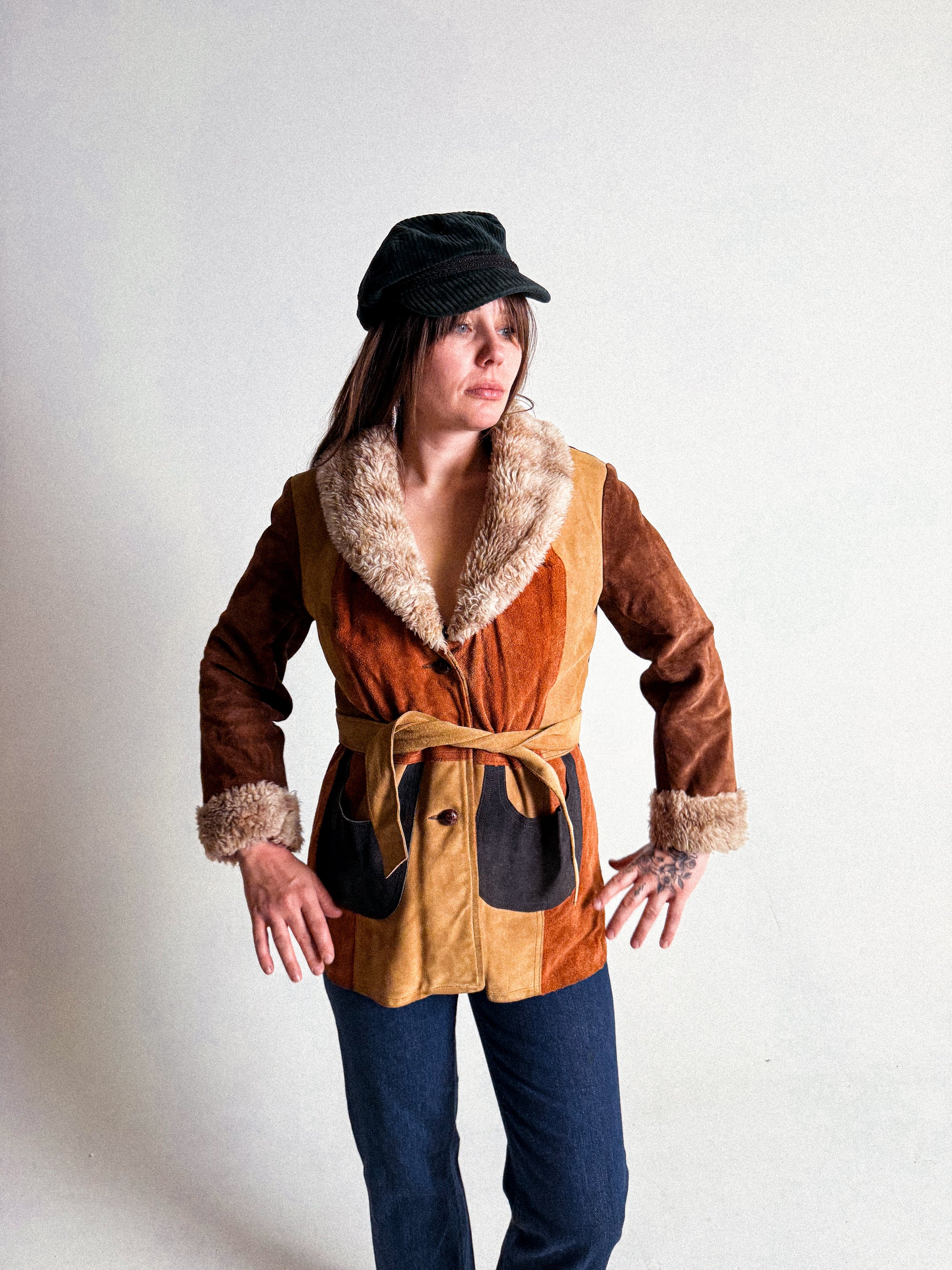 1970s Colourblock Suede and Fake-Fur Belted Jacket