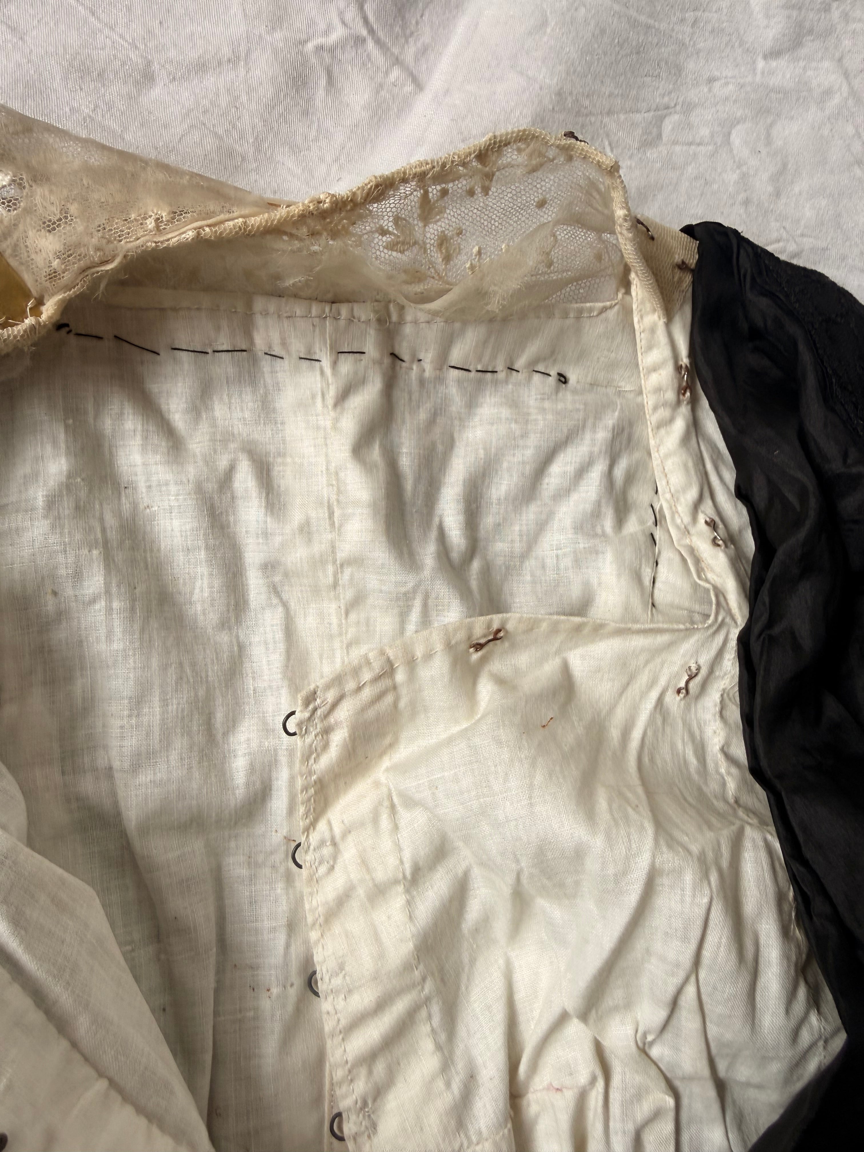 Victorian / Early Edwardian Black Silk & Lace Boned Bodice | Antique Embroidered Jacket | c. 1895–1910