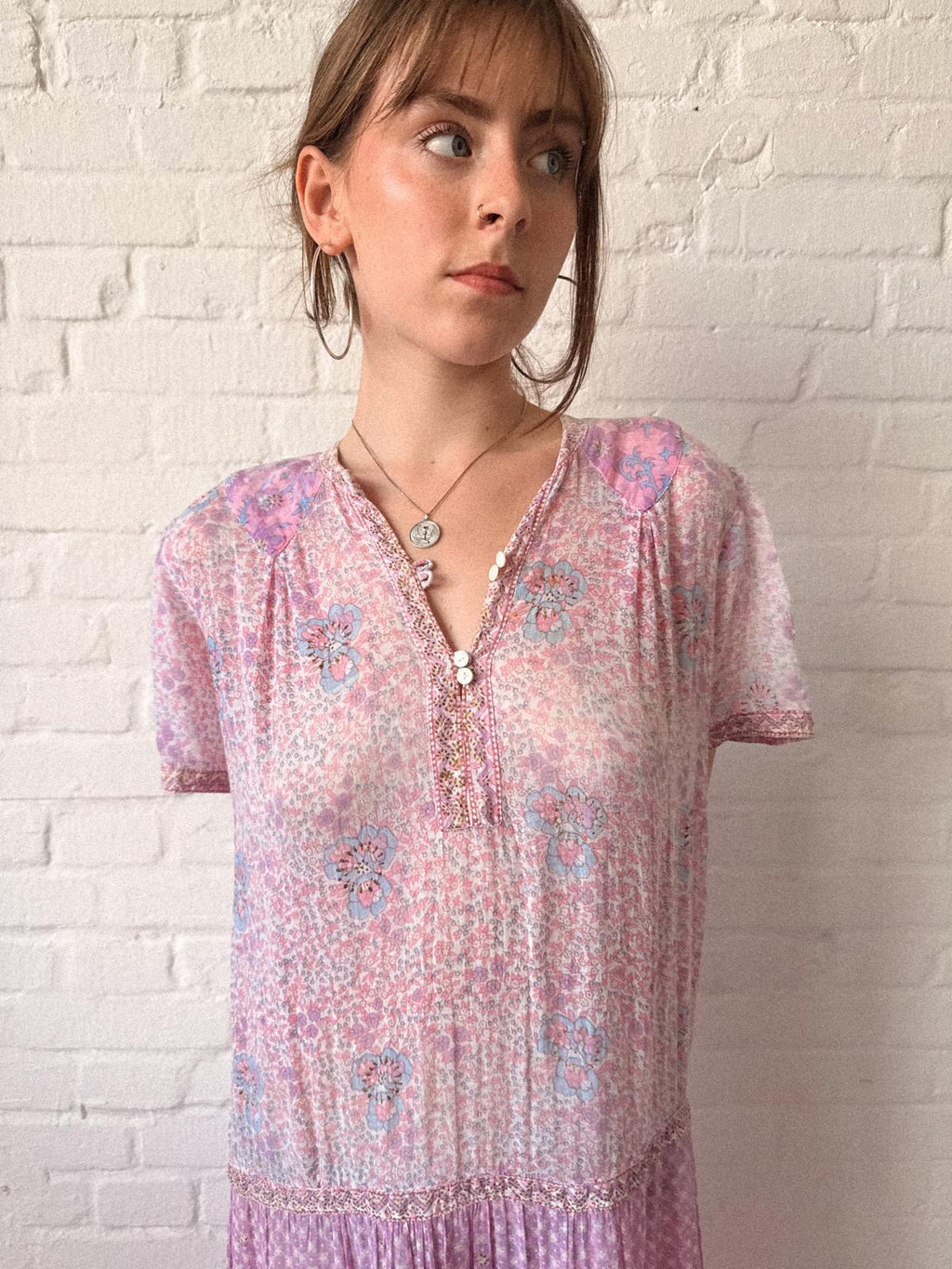 1970s Adini Indian Cotton Gauze Block Print Summer Dress