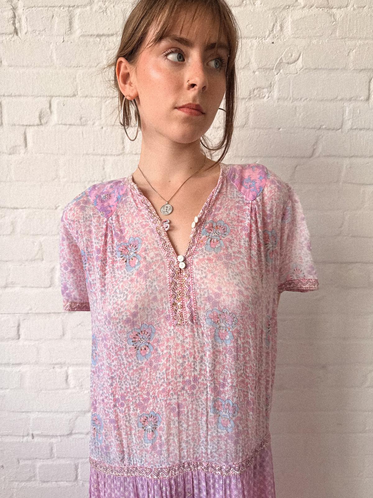 1970s Adini Indian Cotton Gauze Block Print Summer Dress