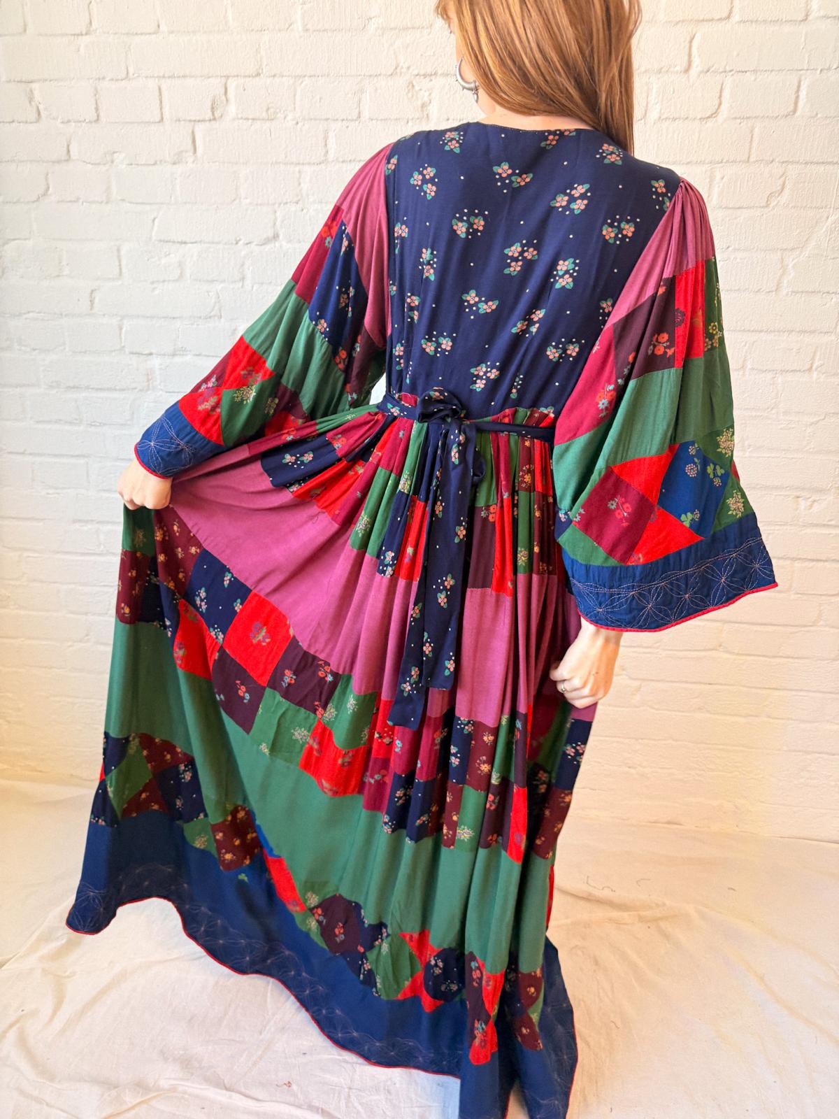 1970s Afghan-Style Patchwork Maxi Dress with Mirrorwork Embroidered Bodice