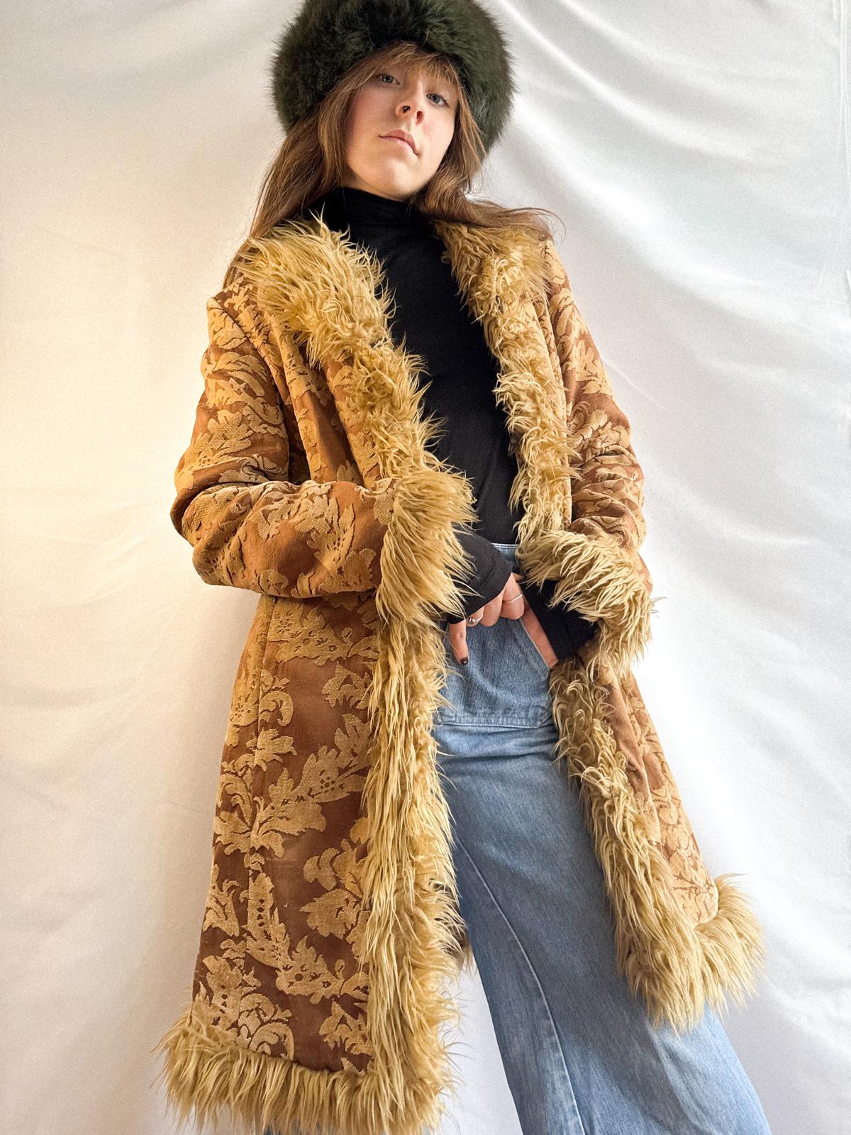 1970s Brocade Afghan Style Penny Lane Coat with Faux Fur Trim