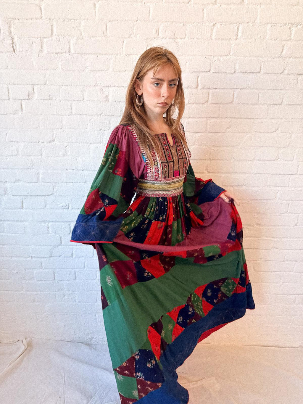 1970s Afghan-Style Patchwork Maxi Dress with Mirrorwork Embroidered Bodice
