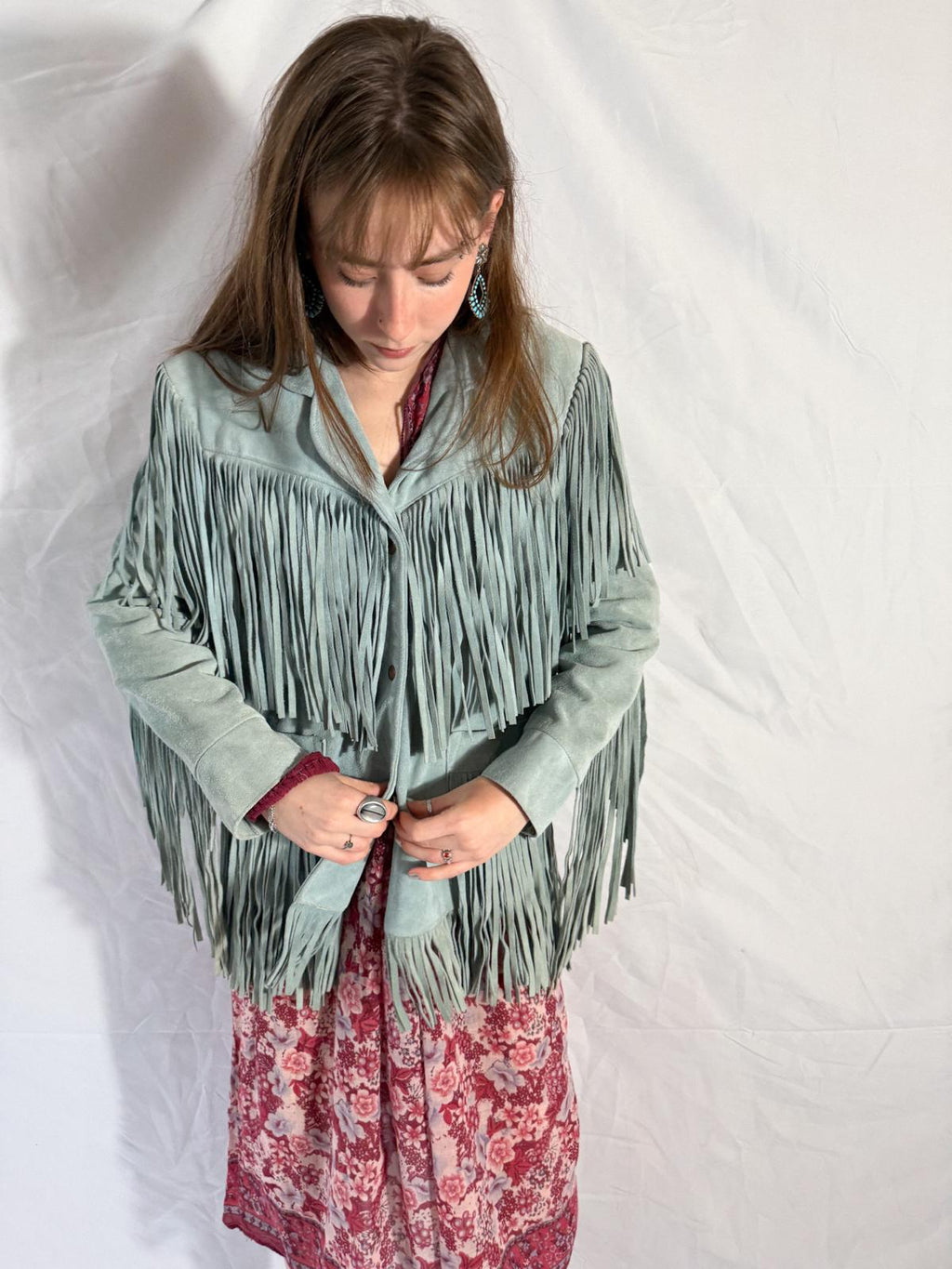 1970s Mint Green Suede Fringe Jacket