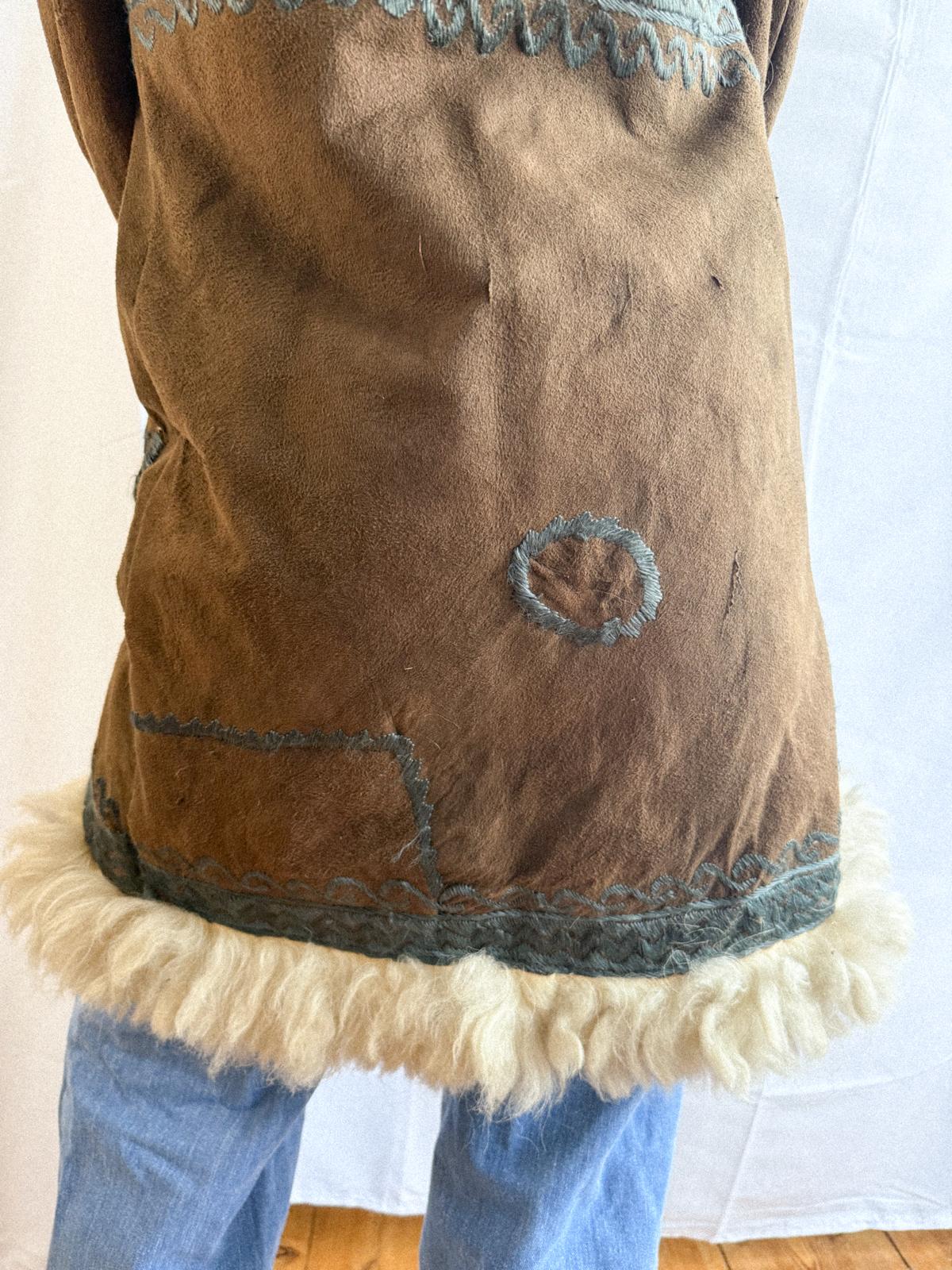 Authentic 1960s Afghan Sheepskin Hippie Coat with Hand Embroidery