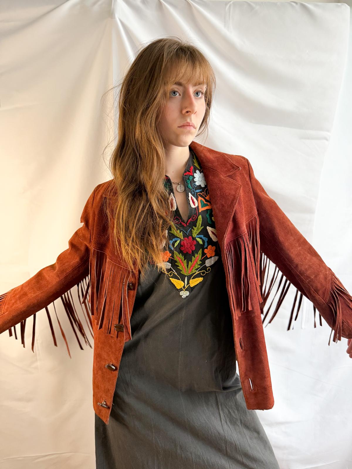 1960s Mexican Suede Fringe Jacket in Berry Rust Red