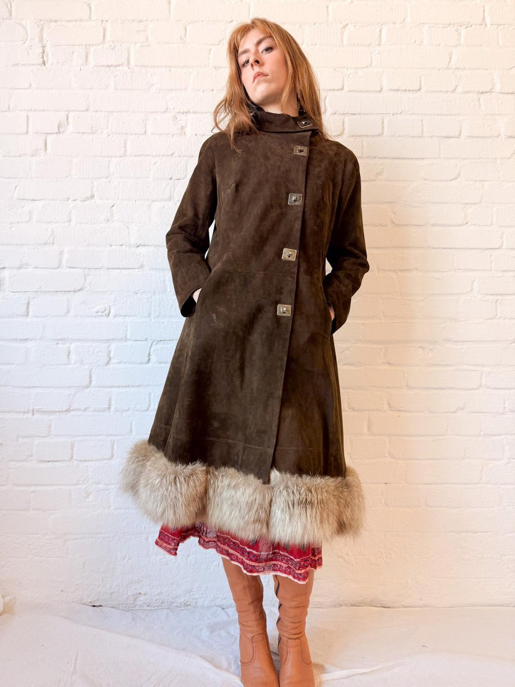 1970s Brown Suede Penny Lane Princess Coat with Statement Metal Fastenings