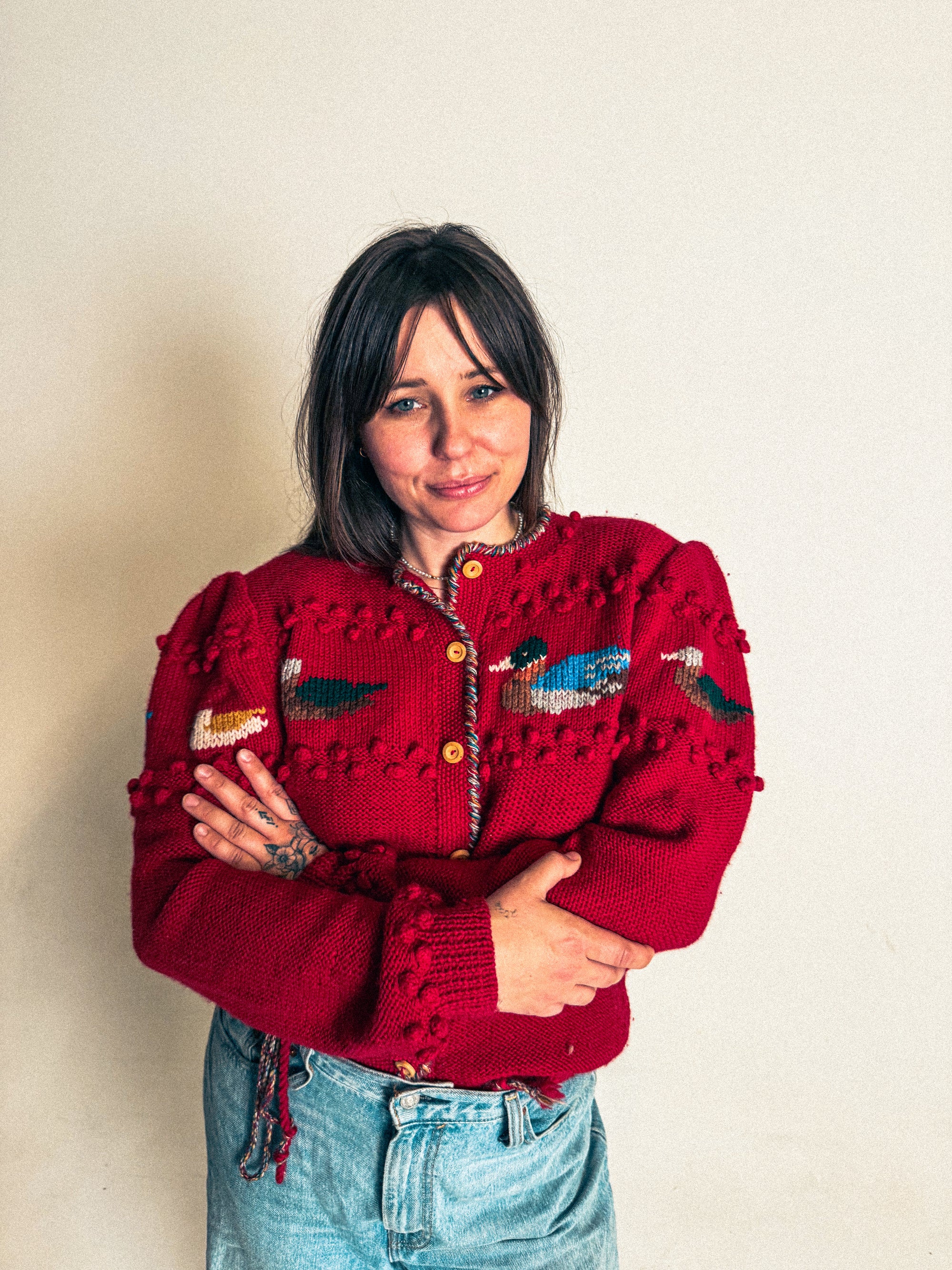 Vintage Woolen Folk Cardigan with Duck Motif by Pinelli