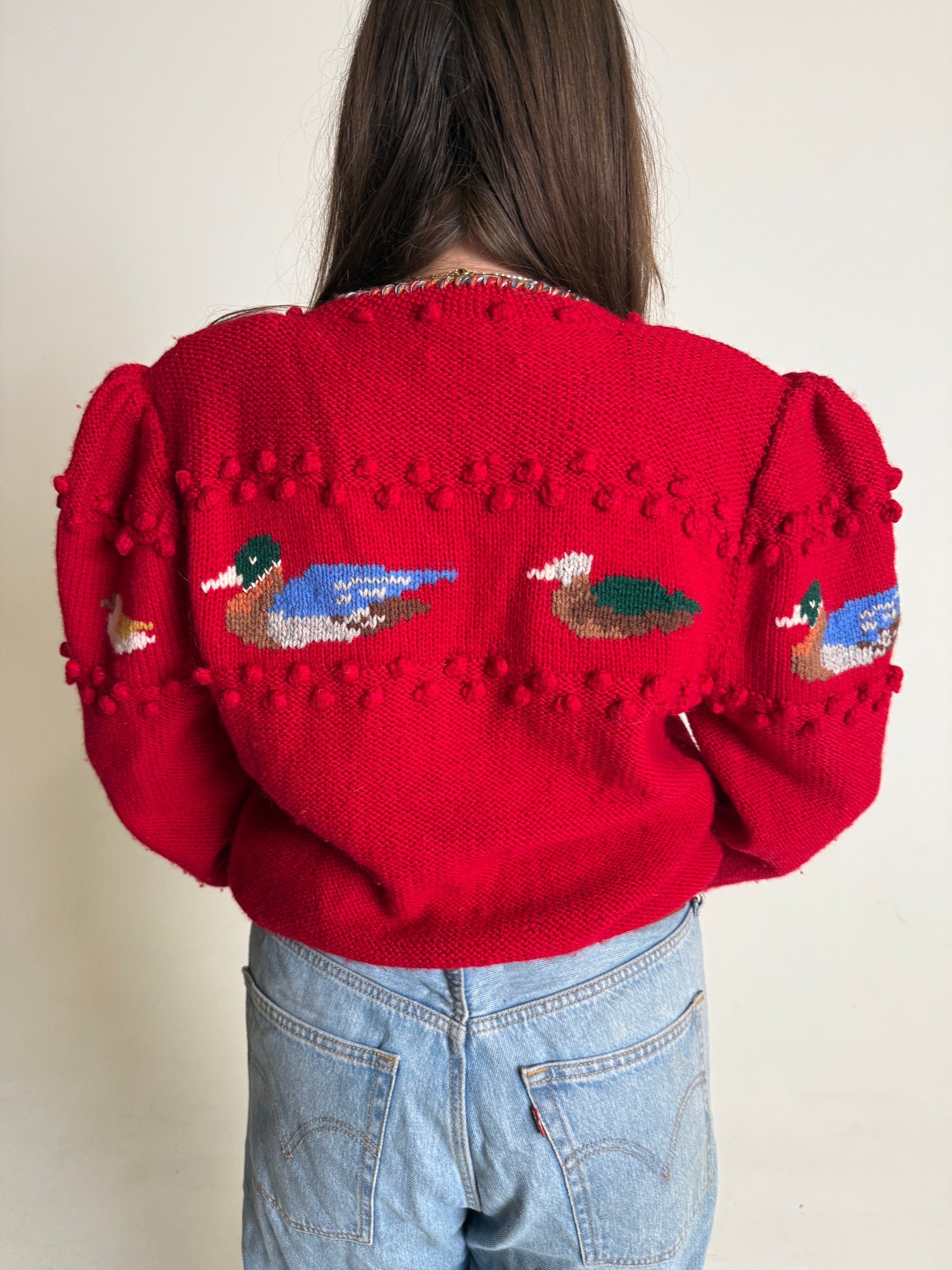 Vintage Woolen Folk Cardigan with Duck Motif by Pinelli