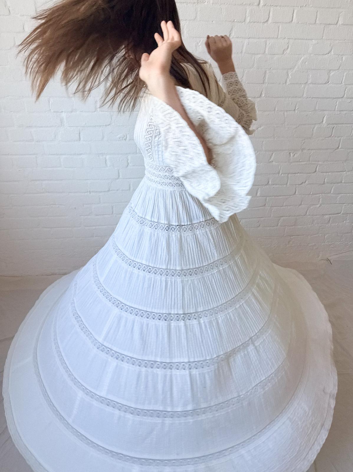 1970s Mexican Cotton and Crochet Lace Dress