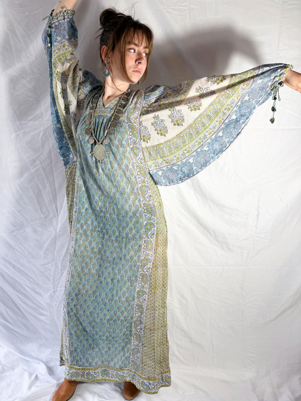 1970s Cotton Gauze Maxi Dress with Extravagant Sleeves