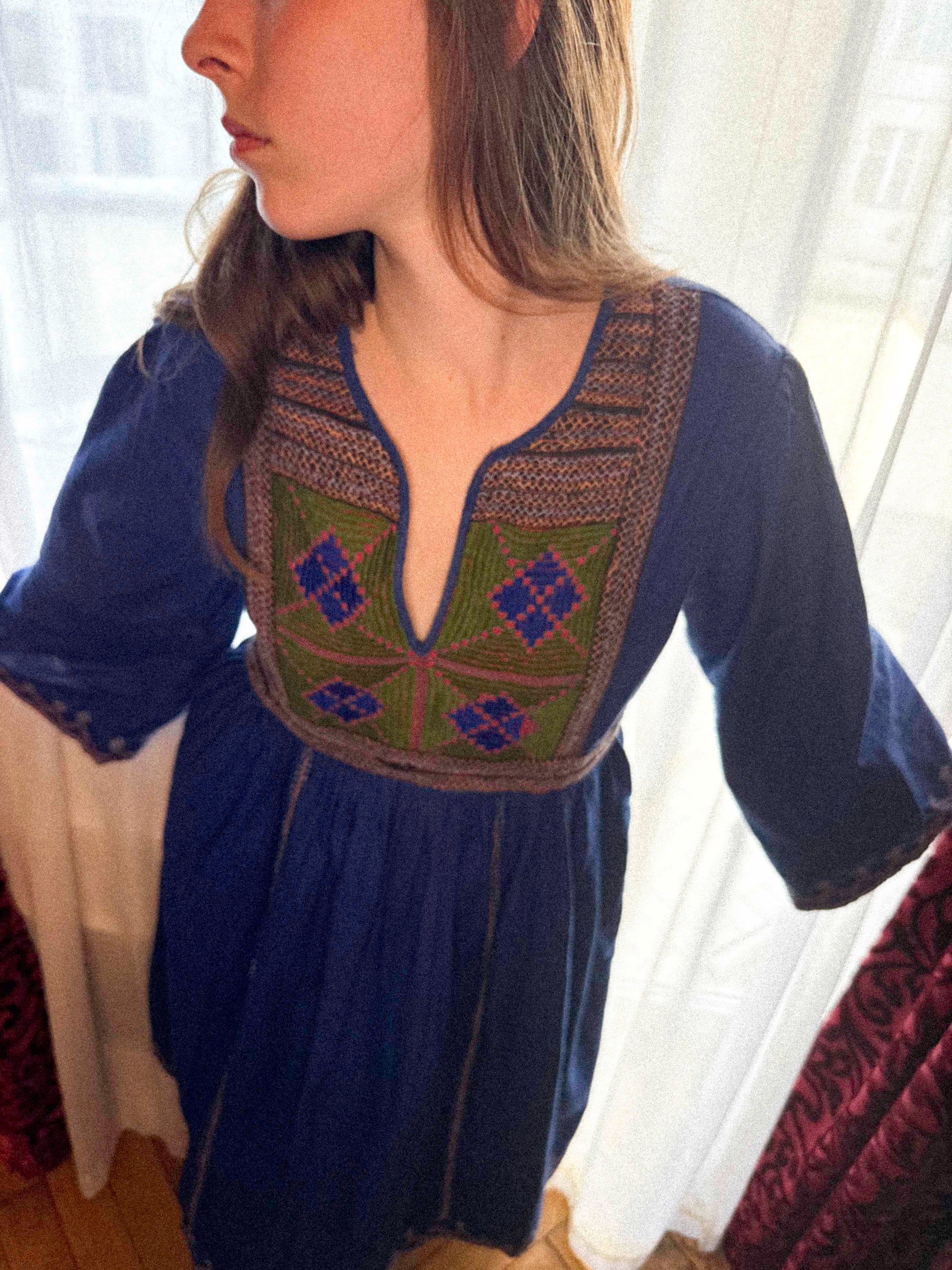 1970s Afghan Cotton Dress in Ultramarine Blue with Embroidery | Kabul Imports