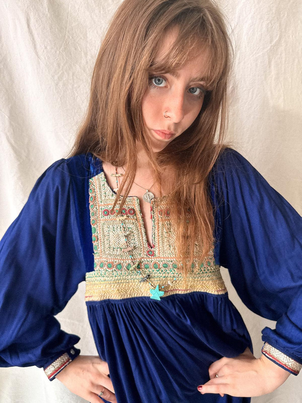 1970s Afghan Folk Dress in Cobalt Blue Velvet & Handworked Tribal Yoke