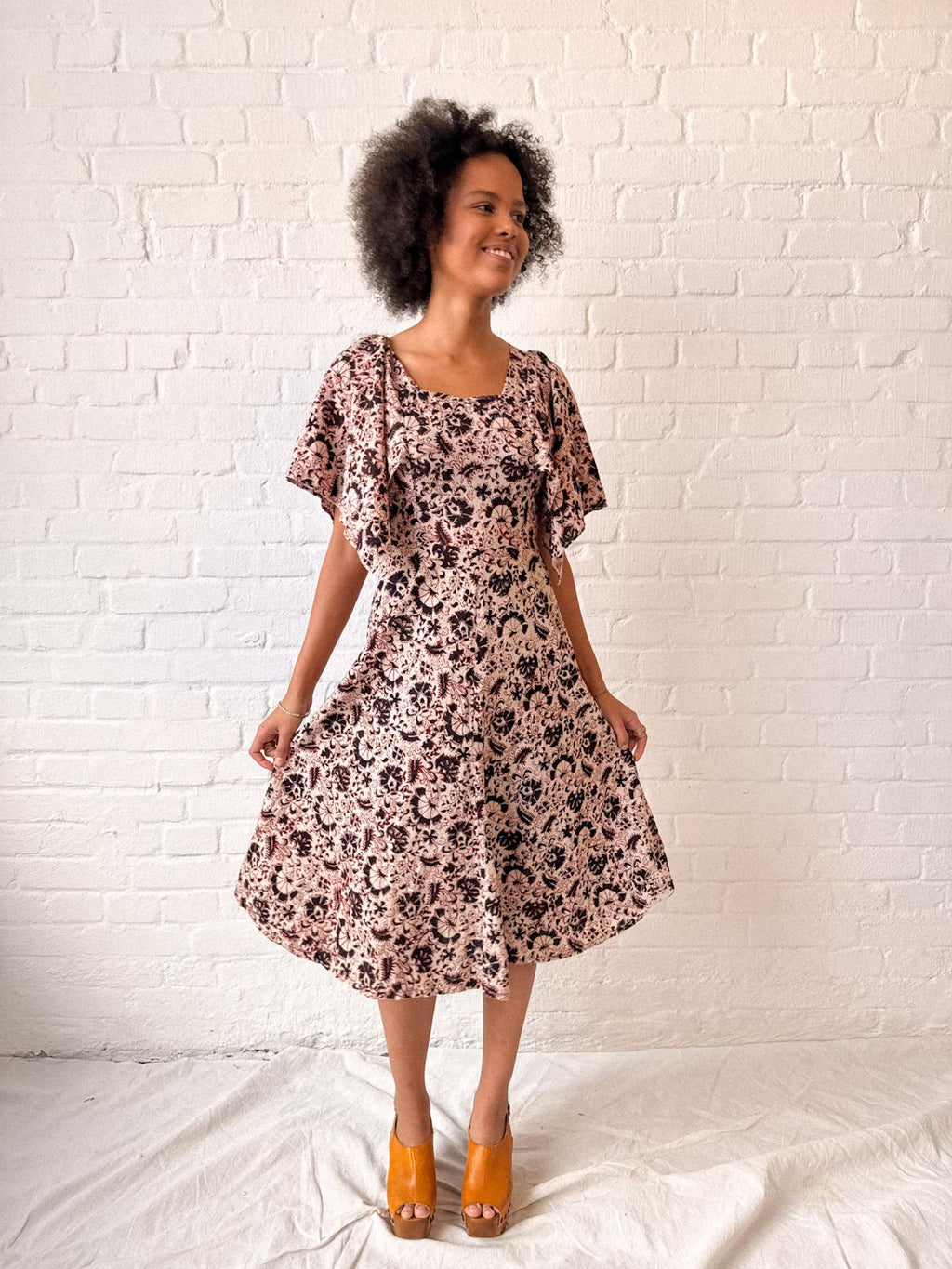 1970s Indian Block Print Cotton Dress with Butterfly Sleeves