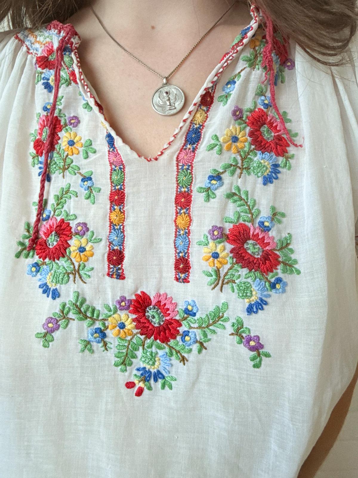 1930s–40s Hand-Embroidered Hungarian Cotton Gauze Folk Blouse