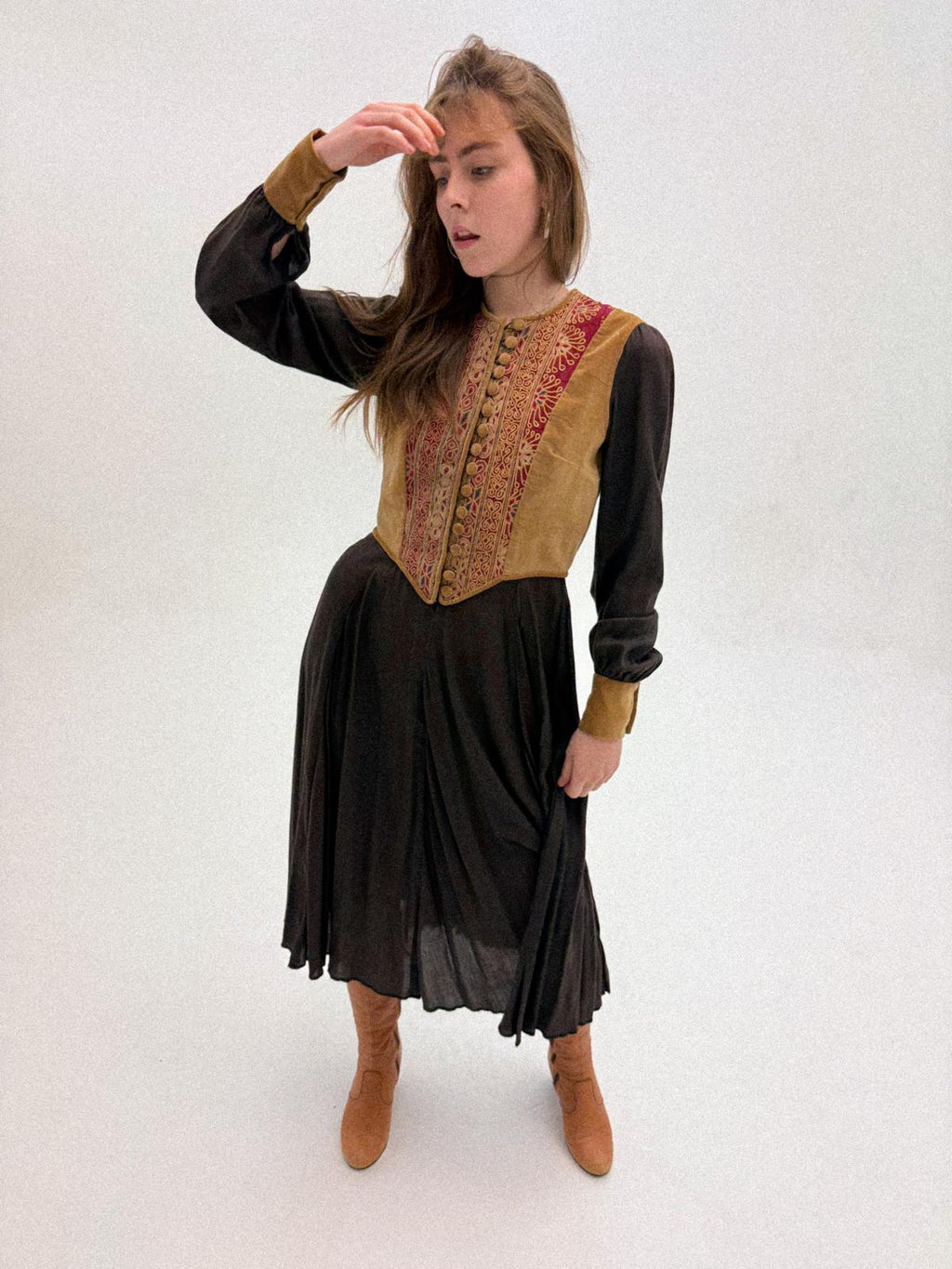 1960s–1970s Bohemian Folkloric Dress with Afghan-Inspired Embroidered Velvet Bodice