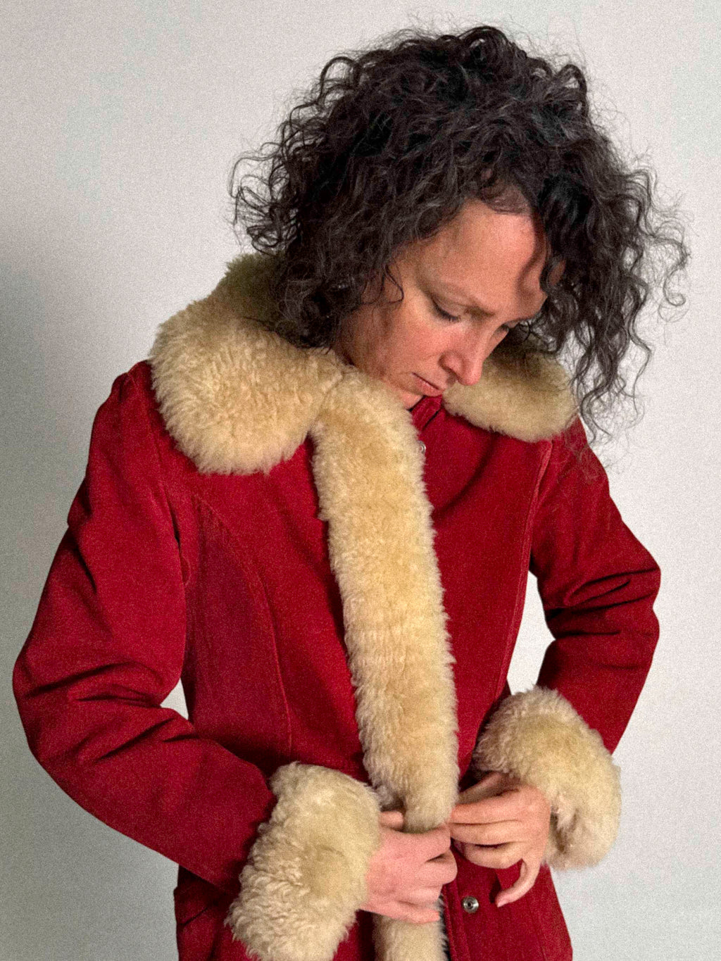 1960s/70s Cherry Red Shearling Coat with Sheepskin Trim