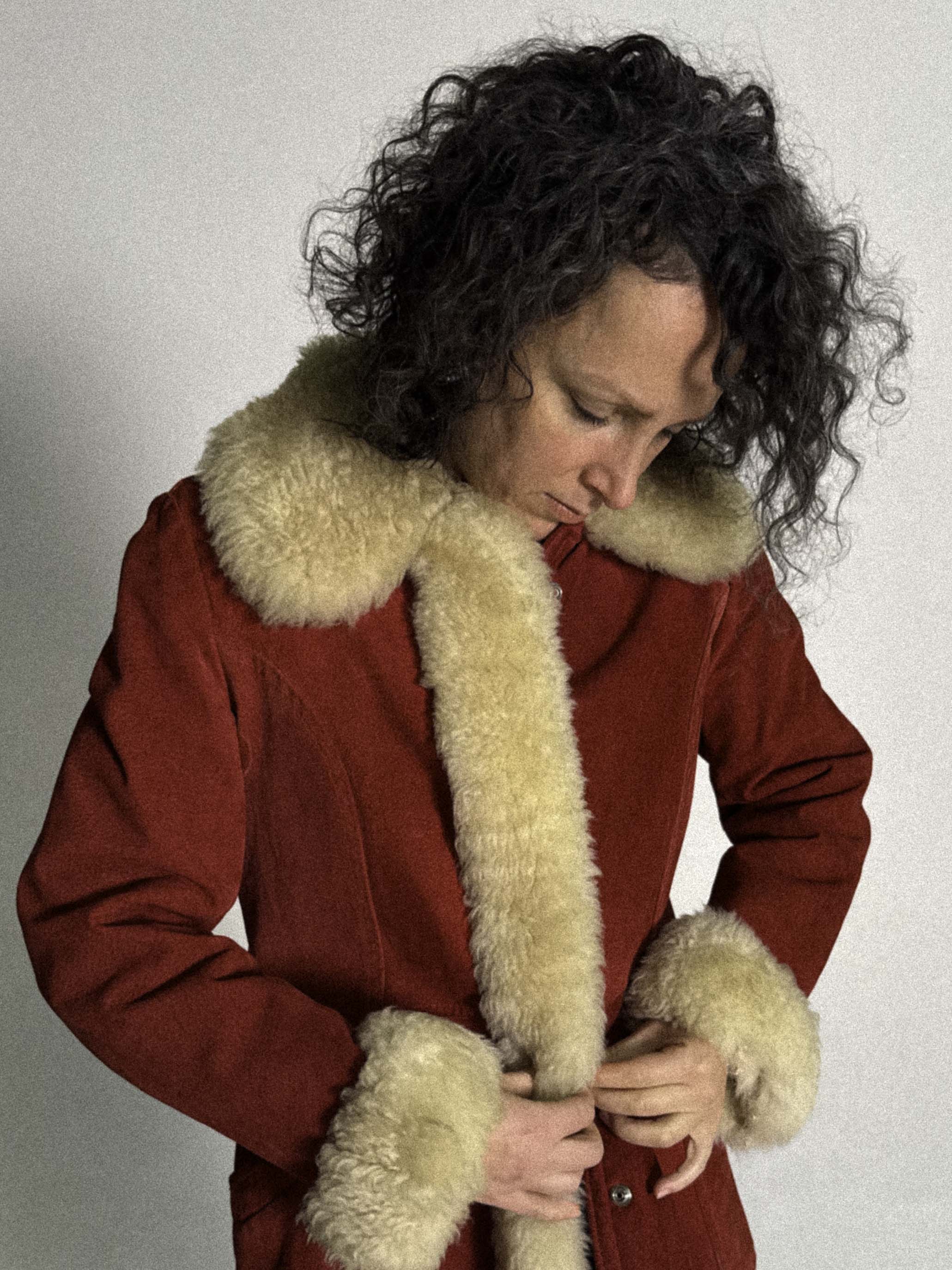 1960s/70s Cherry Red Shearling Coat with Sheepskin Trim