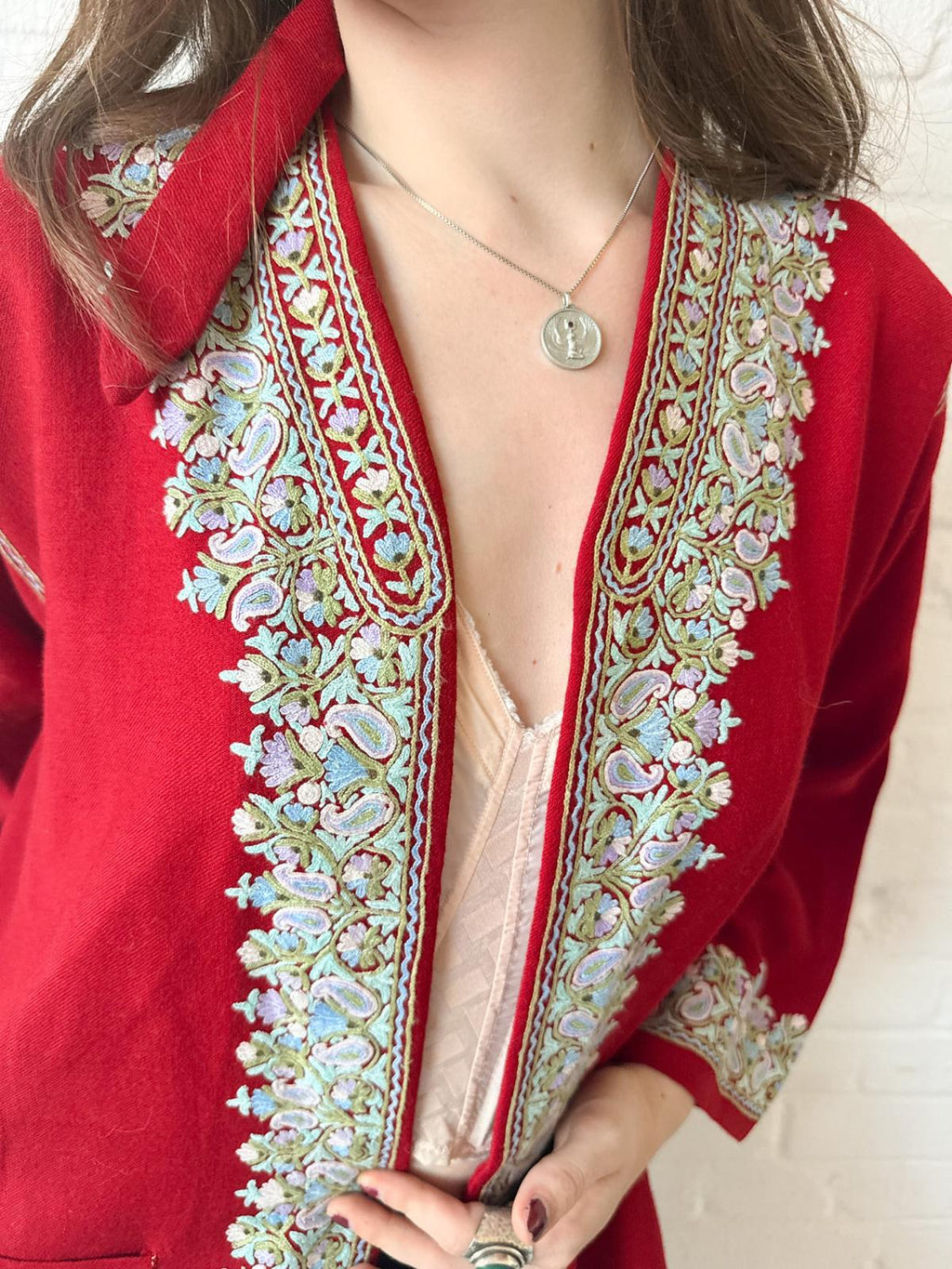 1920s–30s Kashmiri Embroidered Red Pashmina Wool Duster Coat