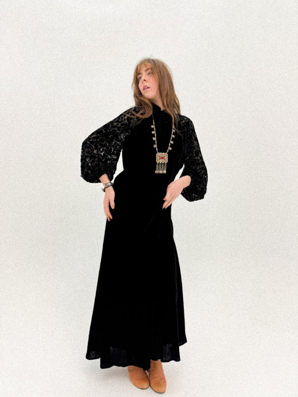 1930s Black Silk Velvet Bias-Cut Gown with Devoré Poet Sleeves