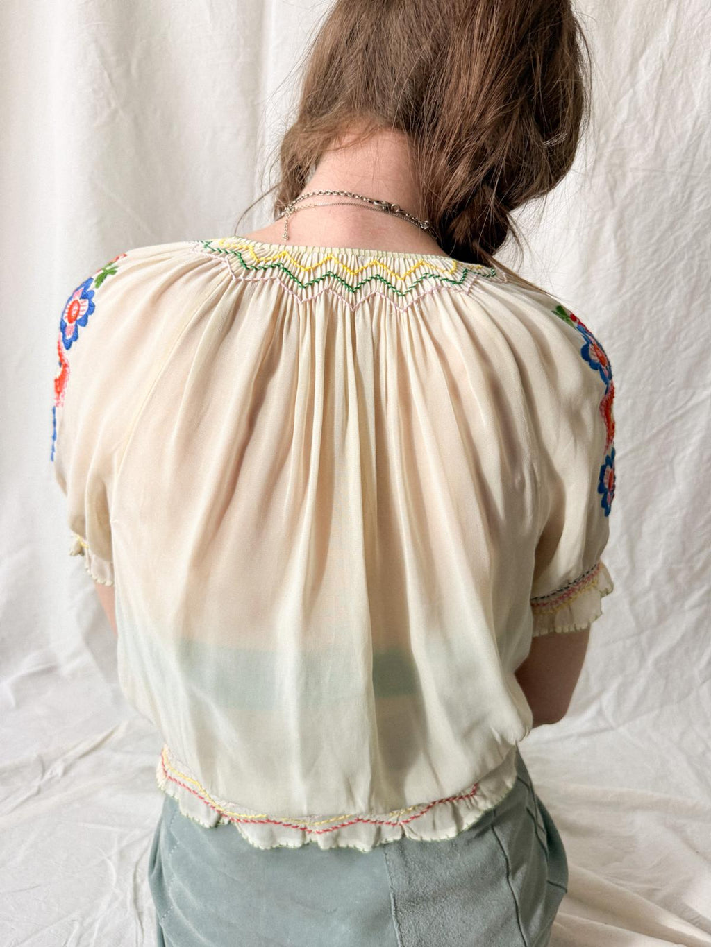 1930s–1940s Hand Embroidered Sheer Folk Blouse