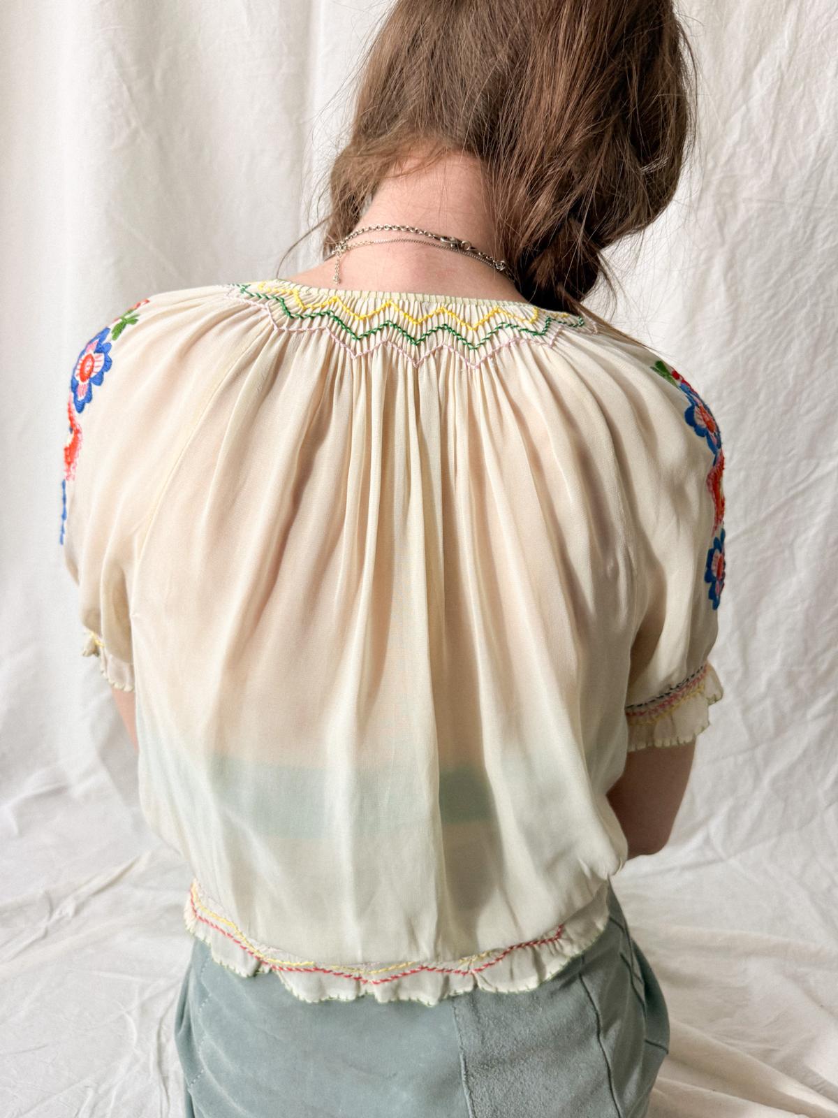 1930s–1940s Hand Embroidered Sheer Folk Blouse