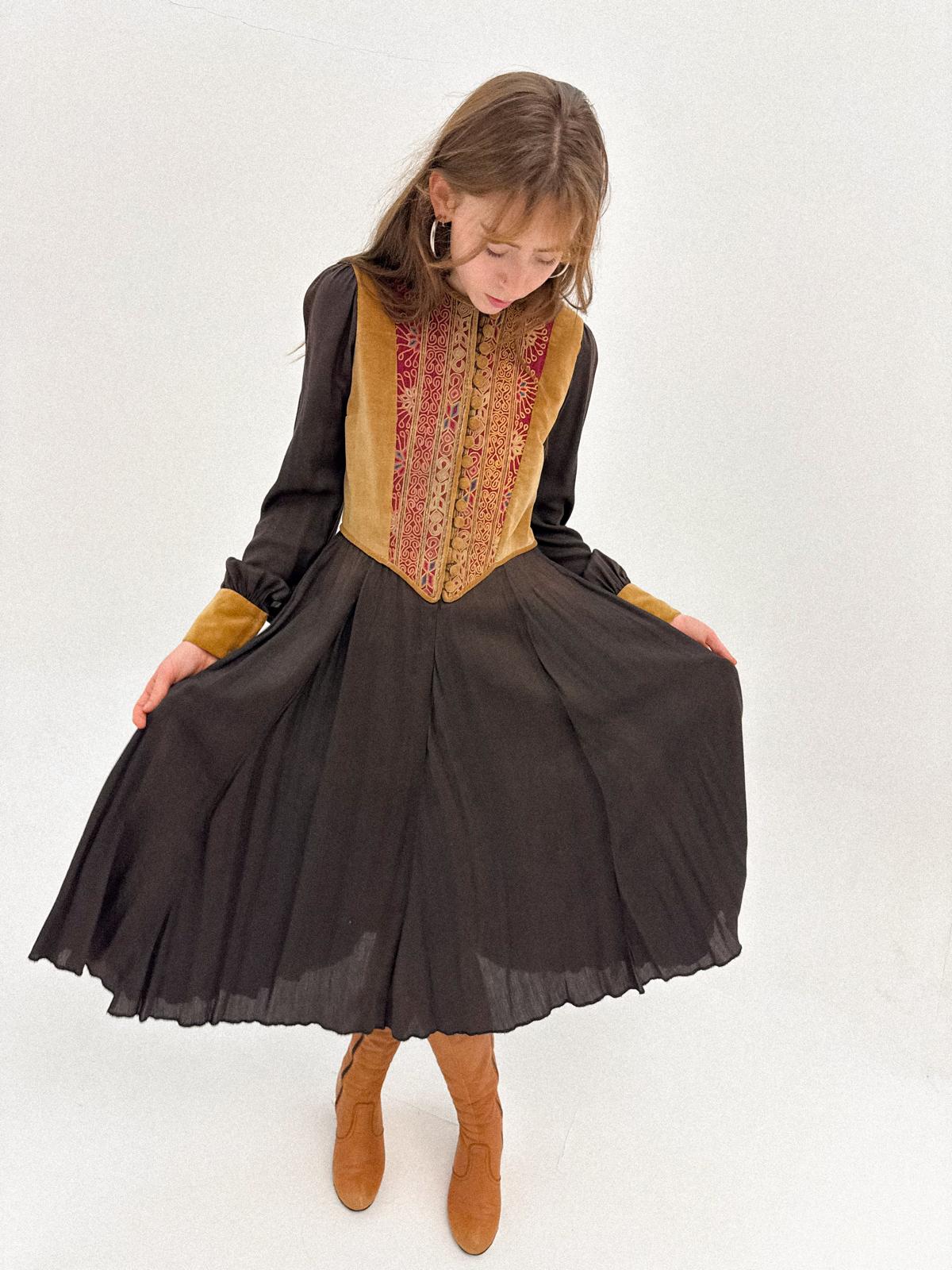 1960s–1970s Bohemian Folkloric Dress with Afghan-Inspired Embroidered Velvet Bodice