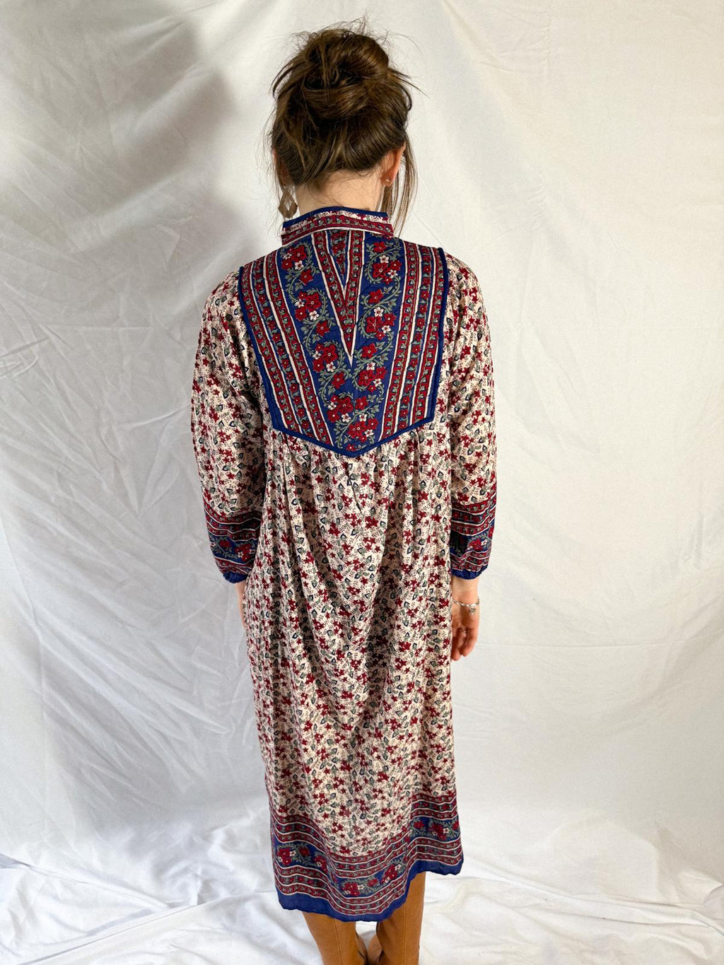 1970s-80s Blockprint Cotton Dress with Quilted Yoke