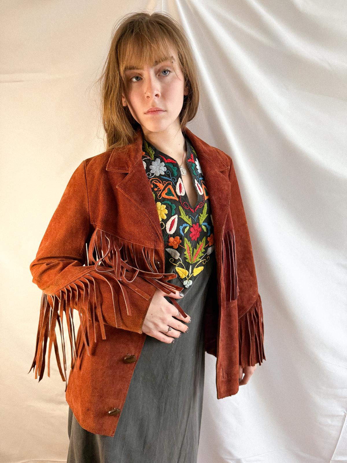 1960s Mexican Suede Fringe Jacket in Berry Rust Red