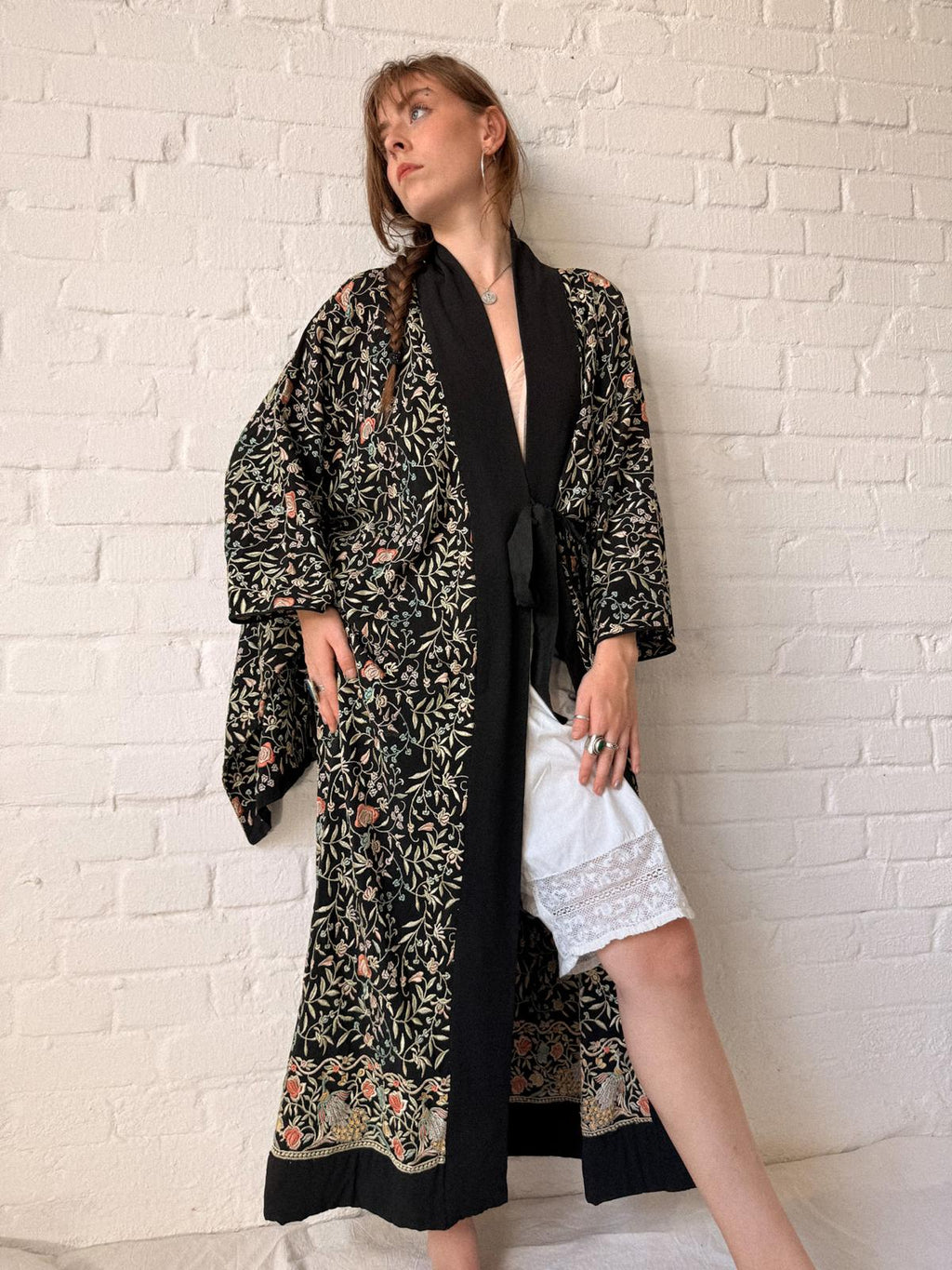1920s Embroidered Peacock Hostess Kimono-Style Robe
