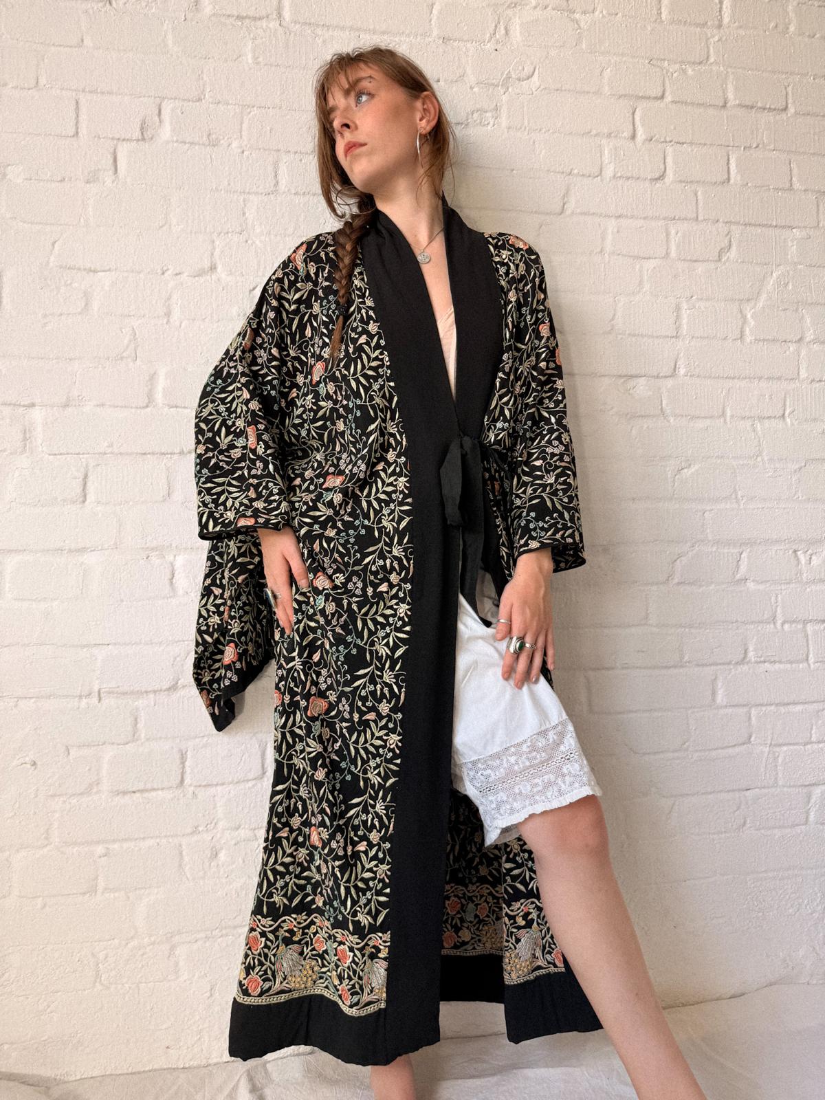 1920s Embroidered Peacock Hostess Kimono-Style Robe