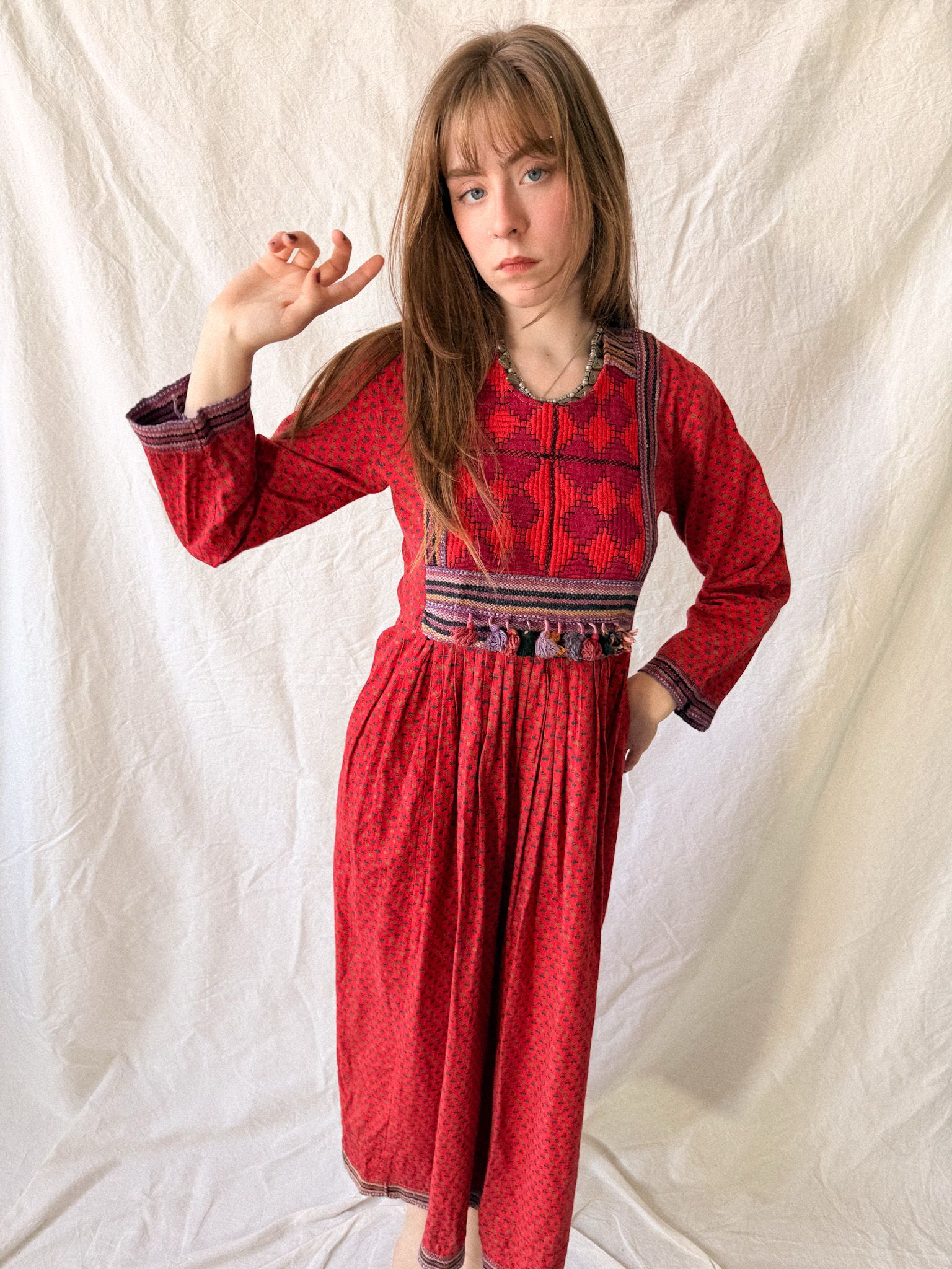 1970s Afghan Embroidered Cotton Folk Dress