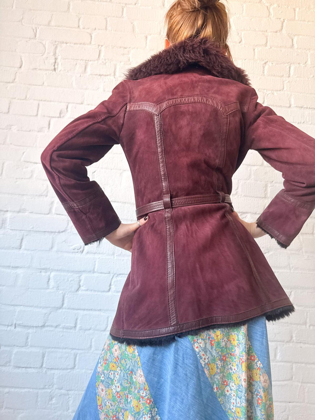 1970s Aubergine Suede & Shearling Coat with Oversized Fur Collar