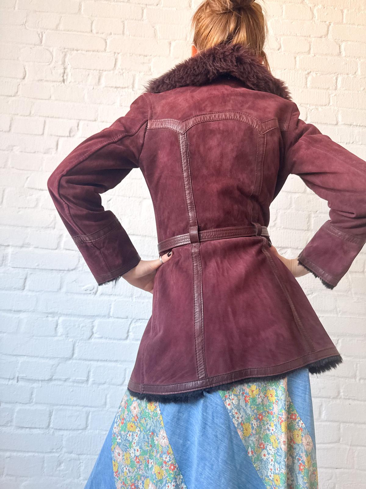 1970s Aubergine Suede & Shearling Coat with Oversized Fur Collar