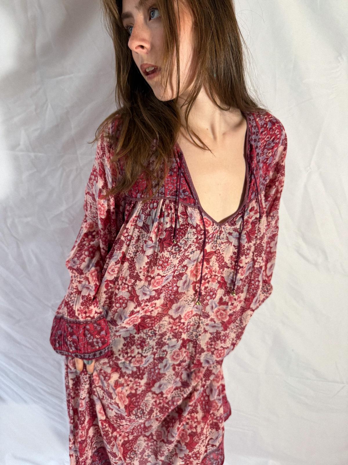 1970s Raspberry Blossom Cotton Gauze Dress