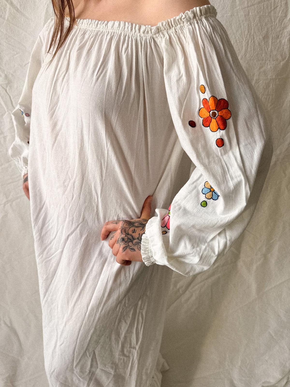 1970s Ecuadorian Embroidered Cotton Peasant Dress, Off Shoulder Prairie Maxi, White Folk Dress