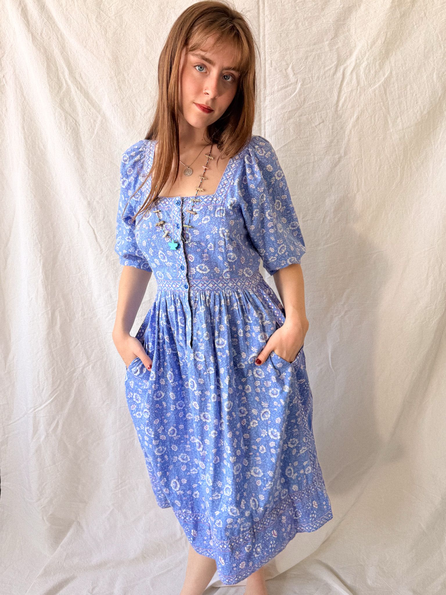 1970s Ritu Kumar for Rosafi Indian Blockprint Cotton Prairie Summer Dress