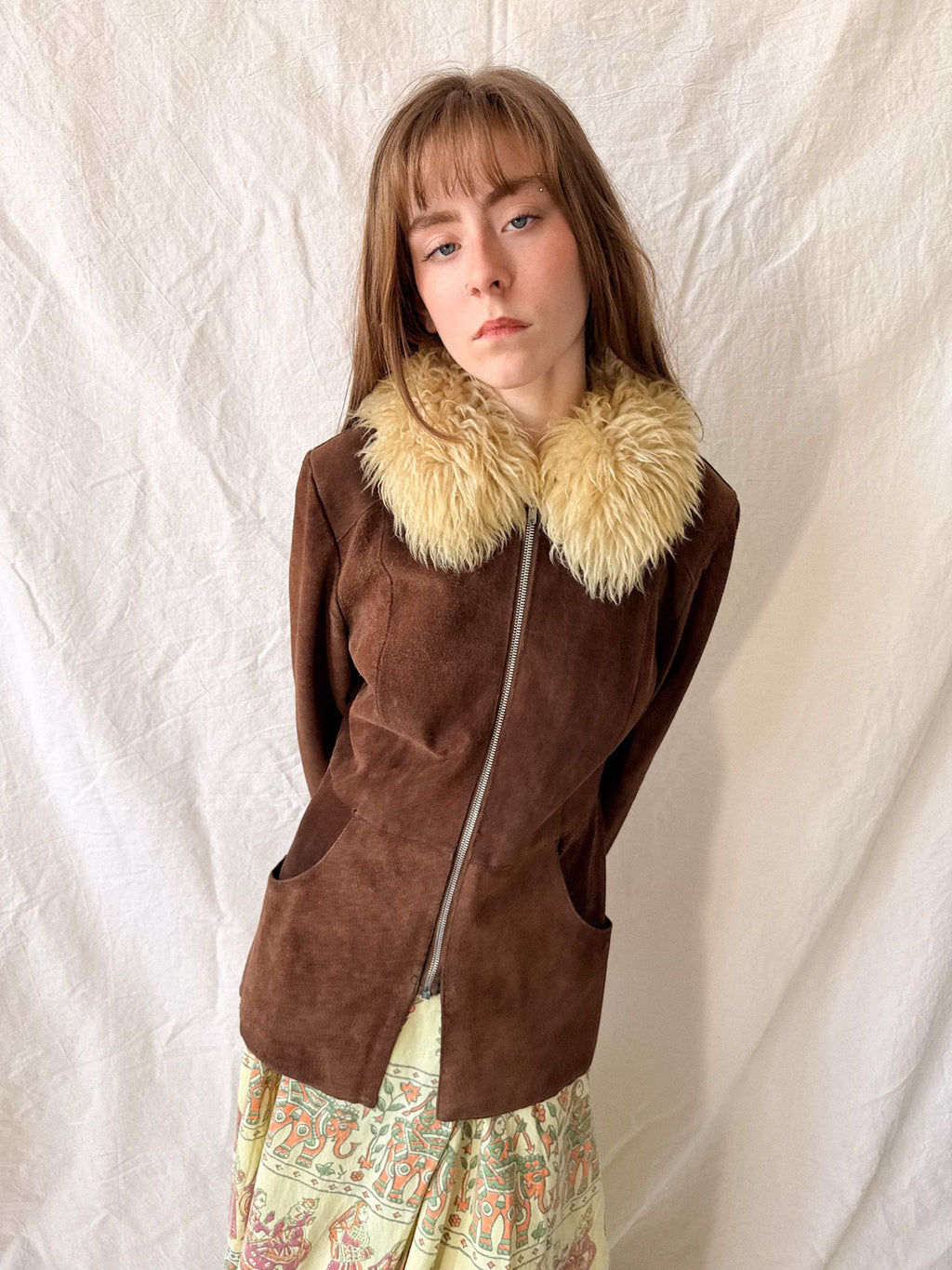 Vintage 1970s Brown Suede Penny Lane Jacket with Sheepskin Collar
