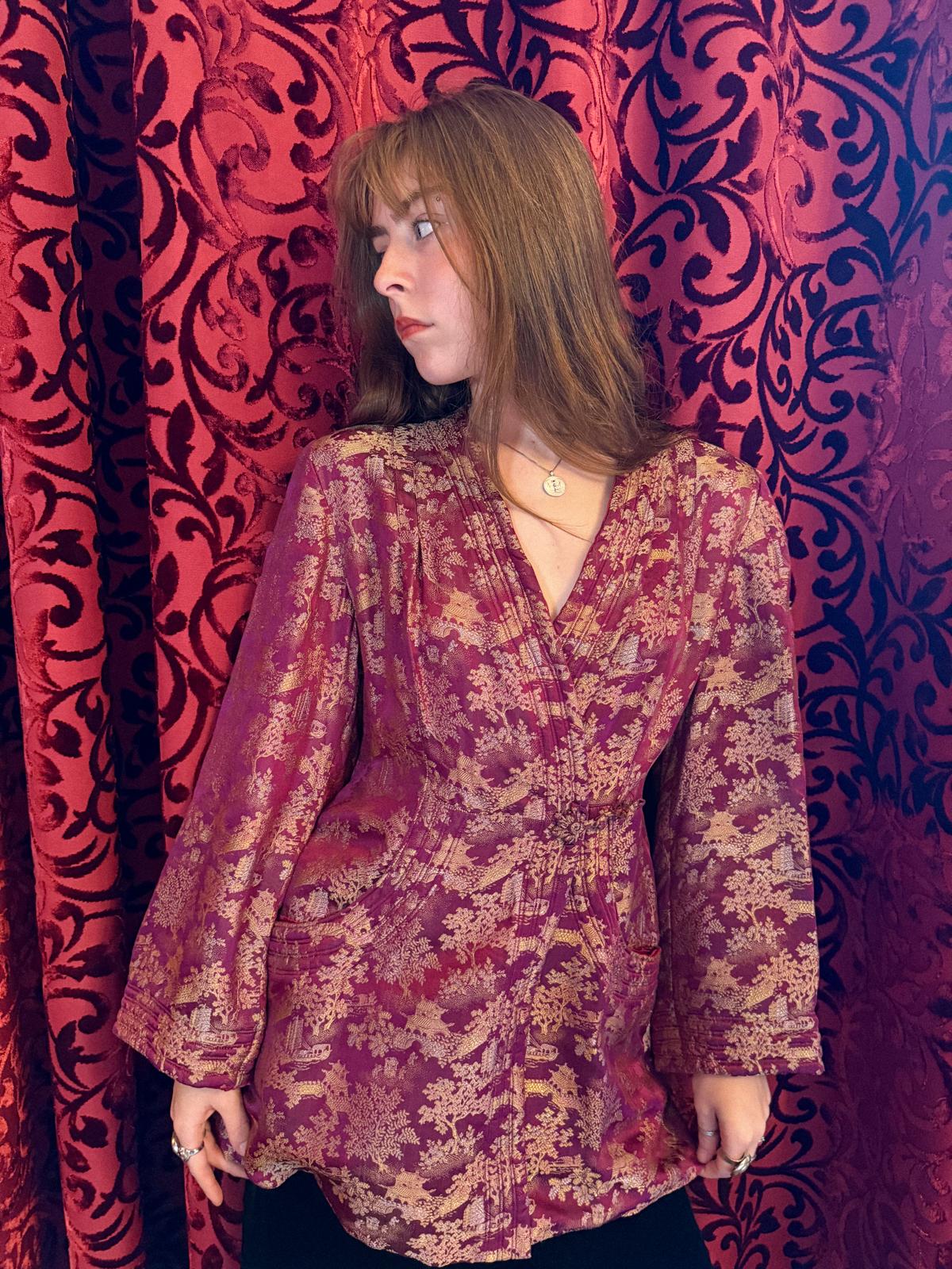 1940s Silk Jacquard Jacket with Art Deco Detailing and Frog Closures
