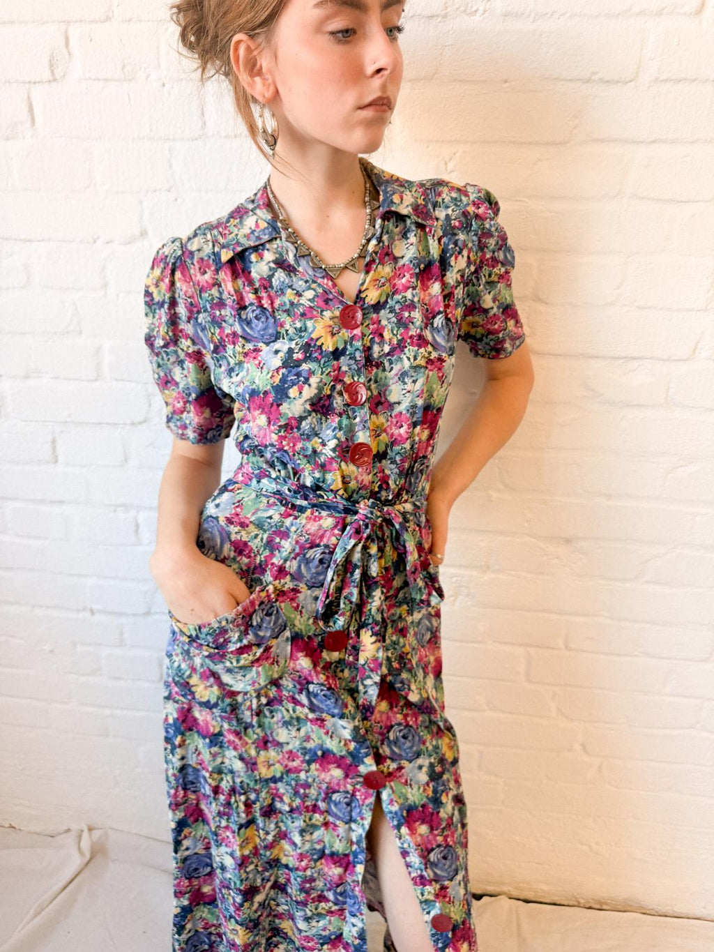 Rare 1940s Cotton Floral Maxi House / Tea Dress with Bakelite Buttons