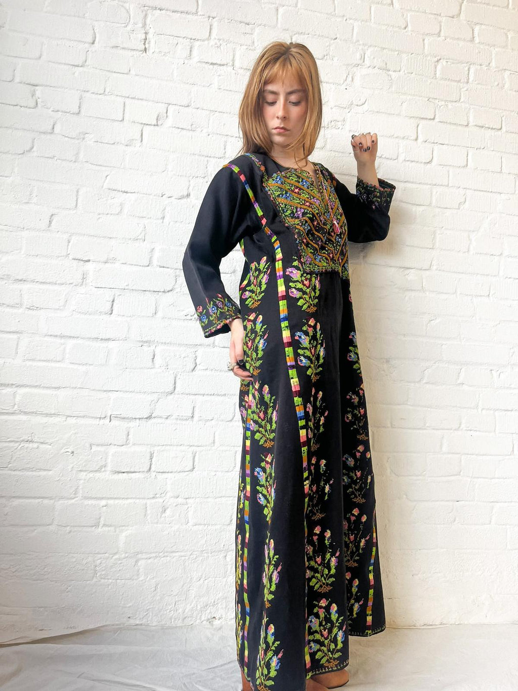 Vintage 1940s–60s Palestinian Embroidered Black Thobe Dress