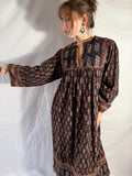 1970s Indian Block Print Cotton Dress with Quilted Yoke and Hem