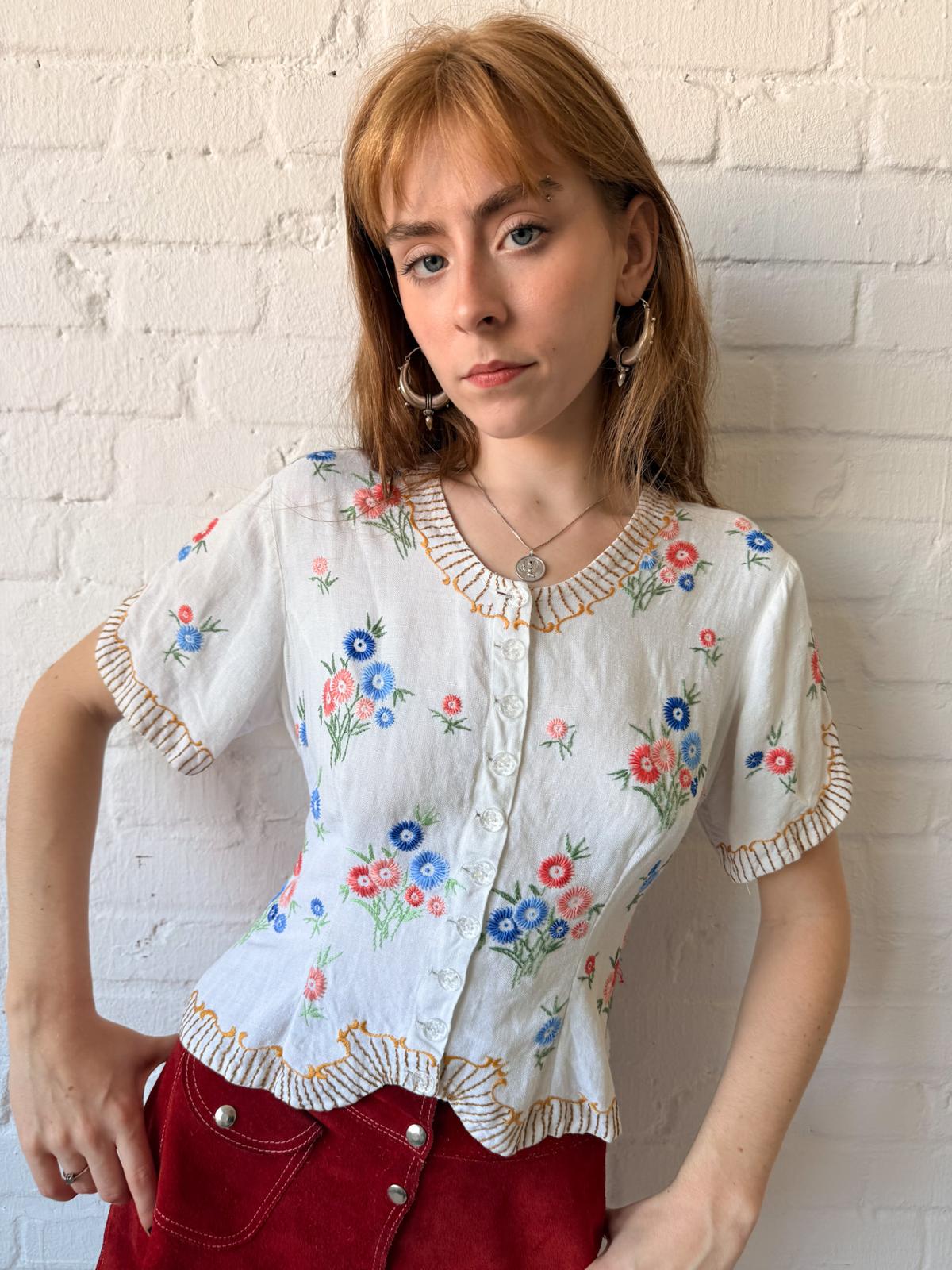 1940s–50s Embroidered Cotton Folk Trachten Blouse