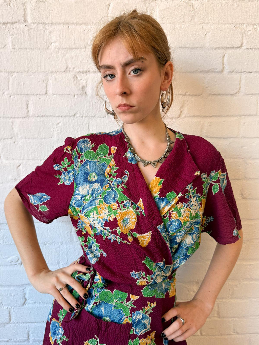 1930s–40s Burgundy Floral Crinkle Cotton Wrap House Dress
