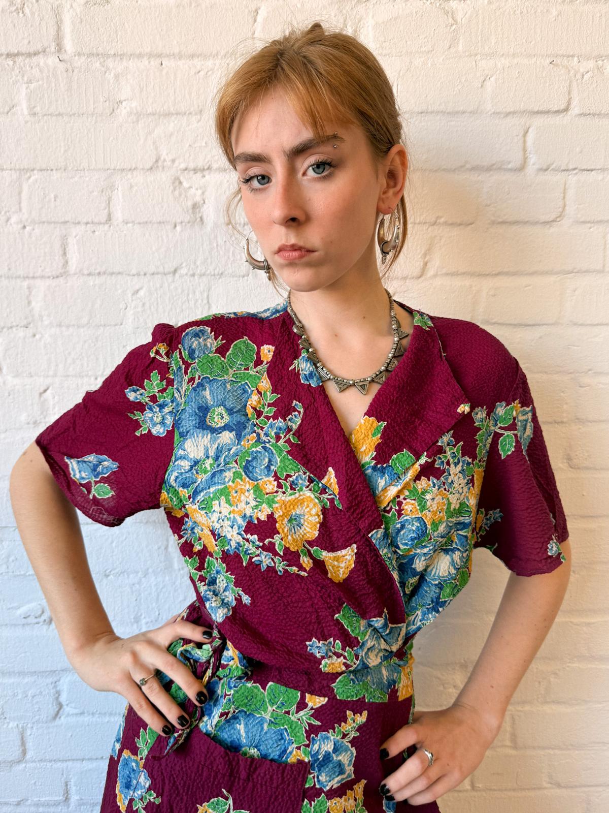 1930s–40s Burgundy Floral Crinkle Cotton Wrap House Dress