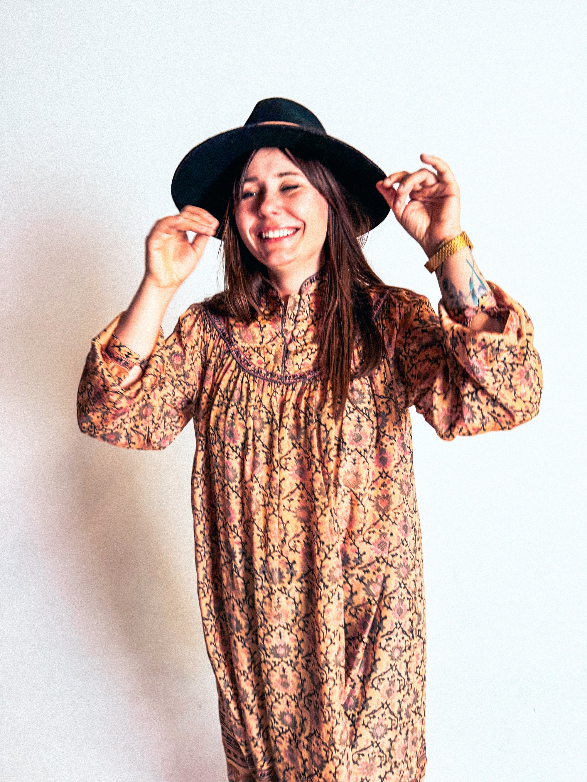 1970s Rare Phool 100% Silk Blockprint Tunic Dress