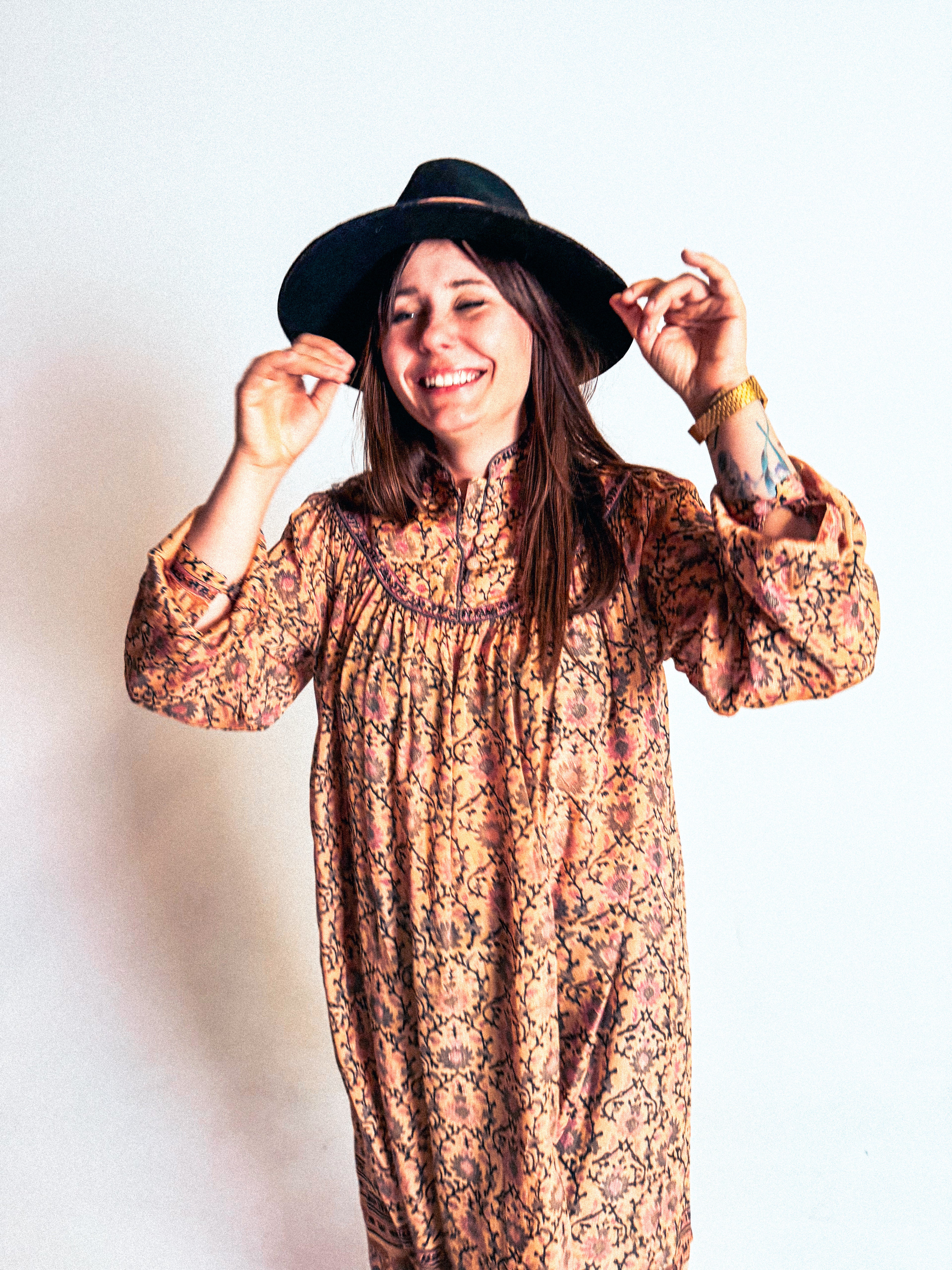 1970s Rare Phool 100% Silk Blockprint Tunic Dress- Free-Size