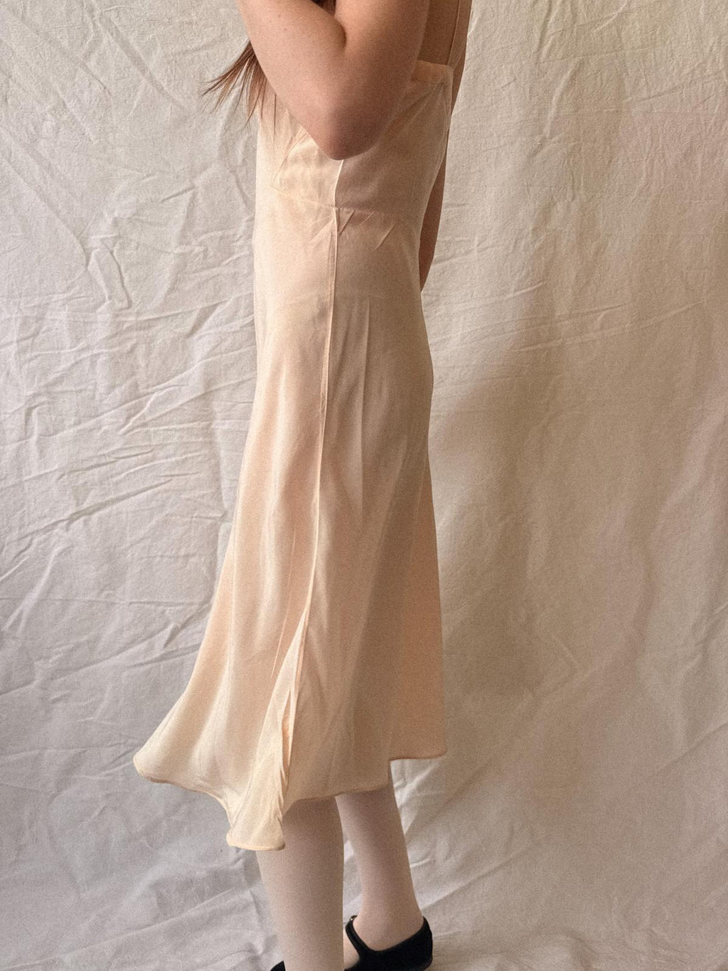 1930s Peach Silk Bias Cut Slip Dress with Art Deco Fagoting Detail